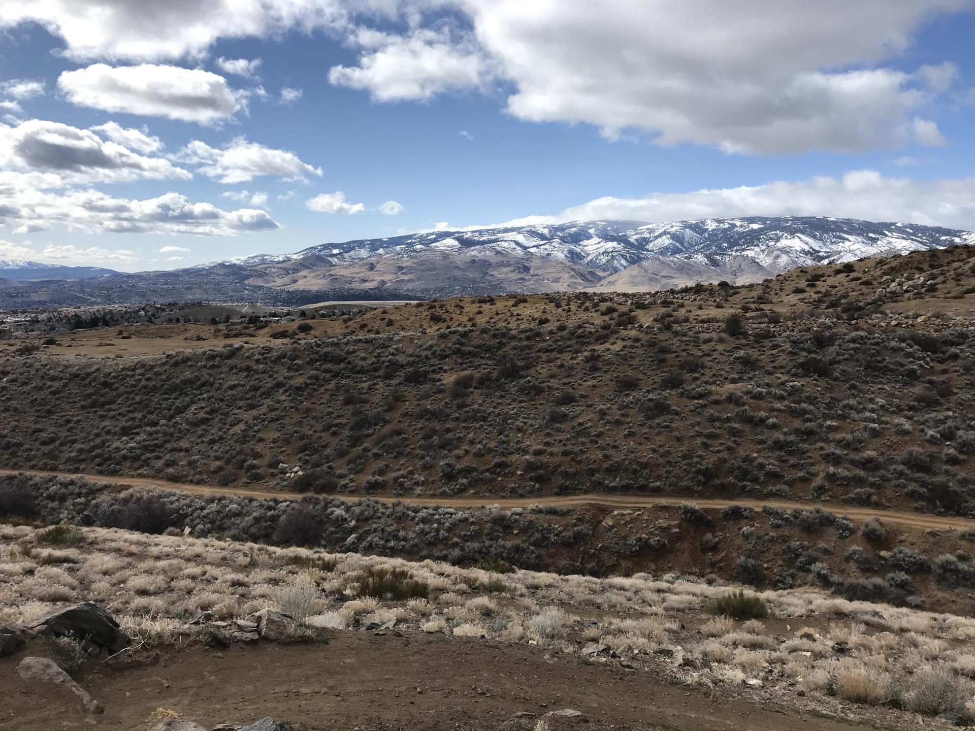 Dirt trail on a dry hillside with distant snow-capped mountains under a cloudy sky.
