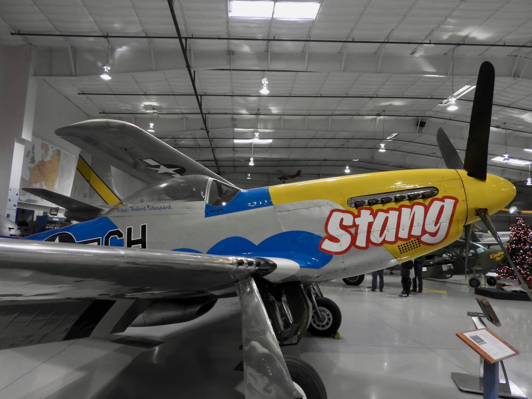 A vintage yellow and blue airplane with 'Stang' painted on its side, indoors. - Eastern Canal Path & Roosevelt Canal Path loop