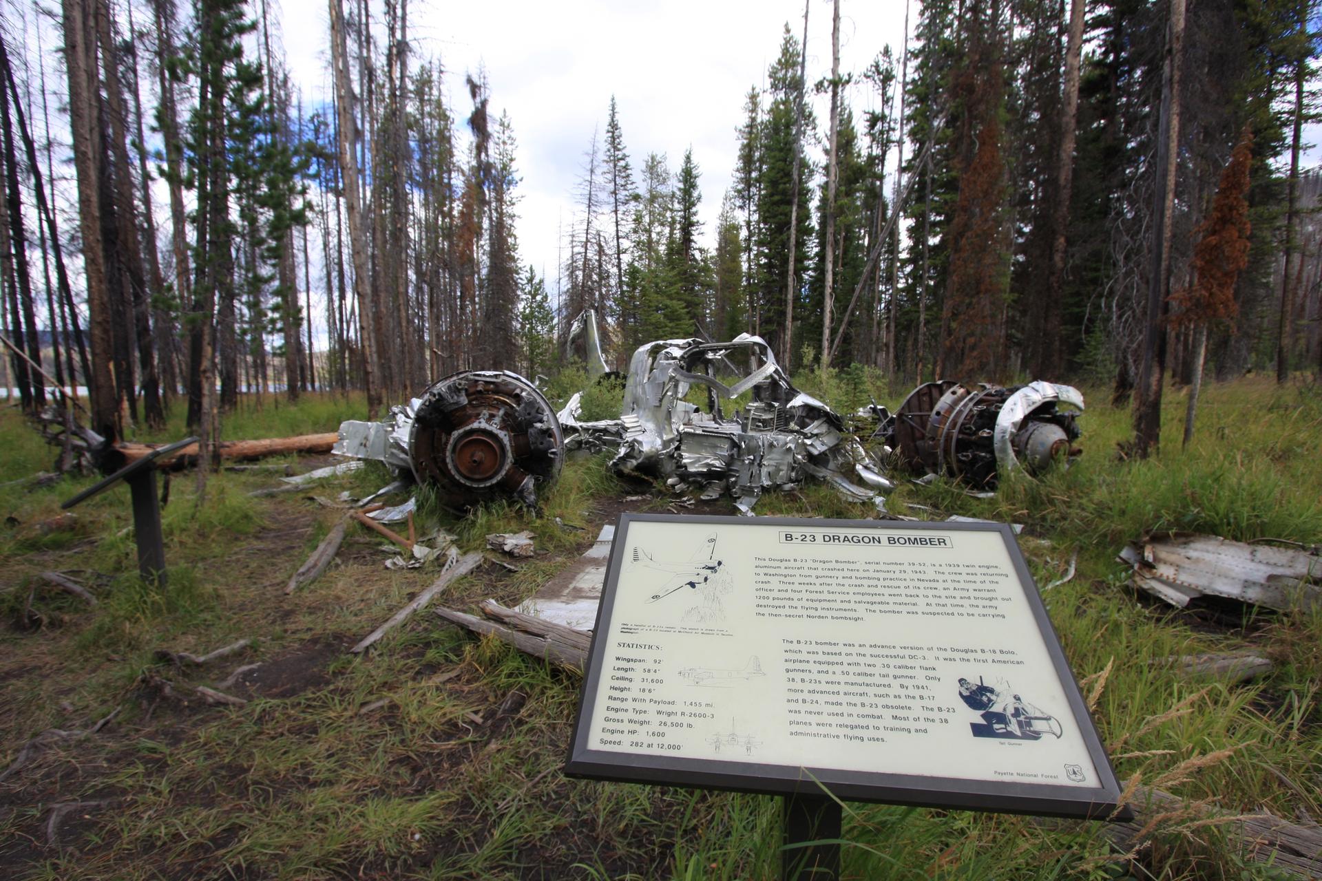 Airplane wreckage scattered in a forest, with an informational sign in foreground.