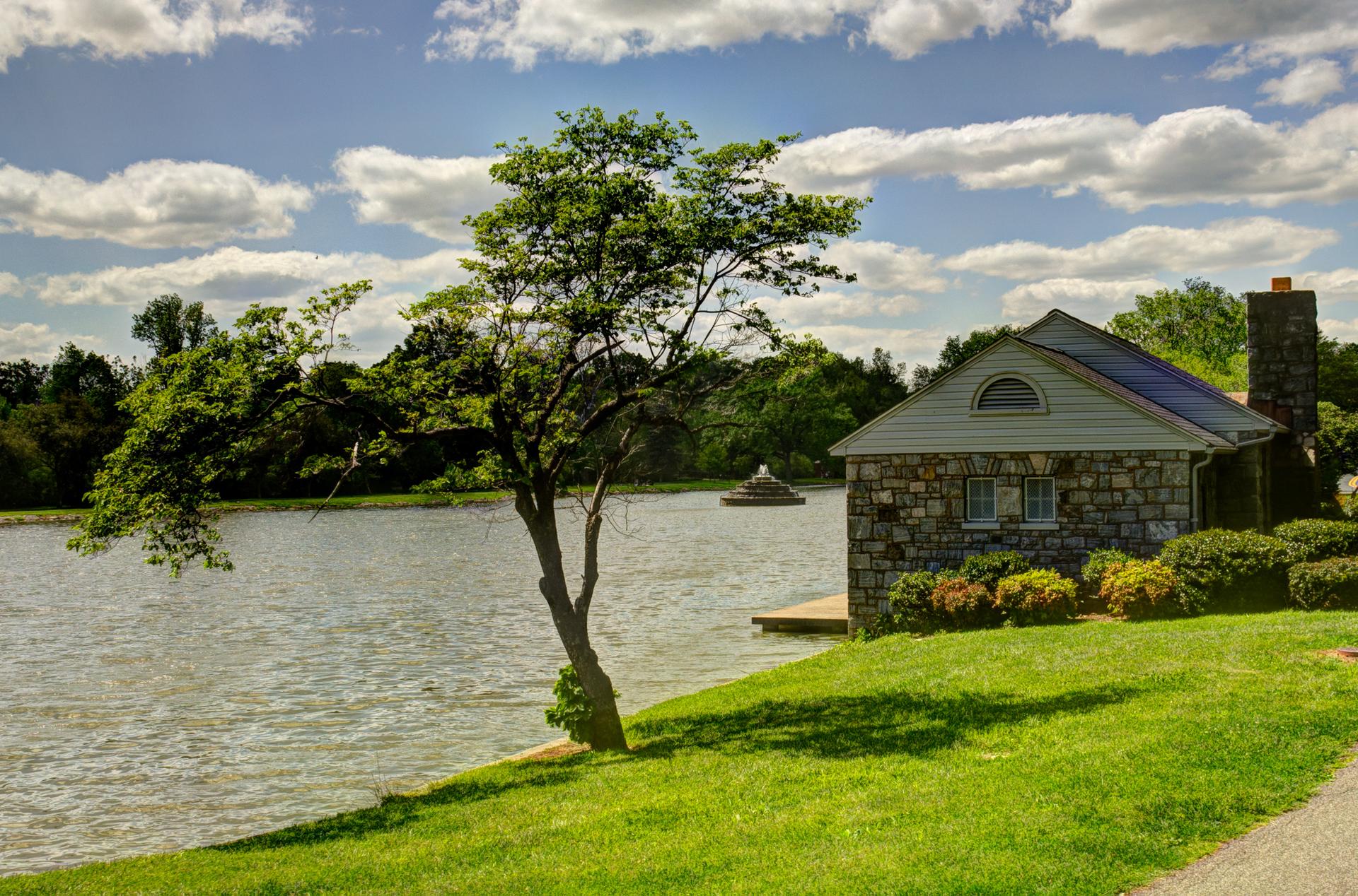 Sunny view of a stone house by a lake, with a prominent green tree.