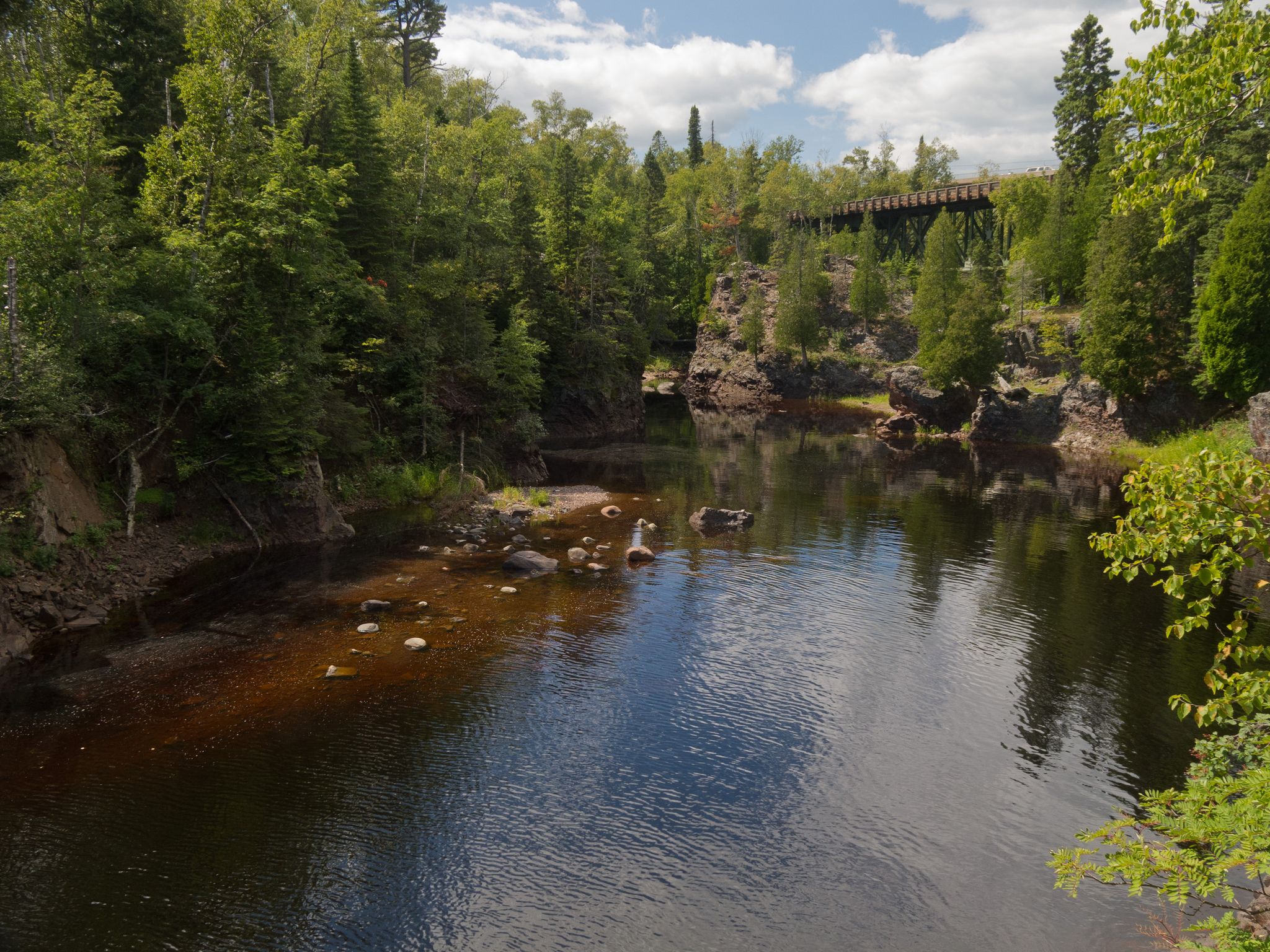 Wide river with dark water, surrounded by lush green forest and a distant bridge. - High Falls Trail - East