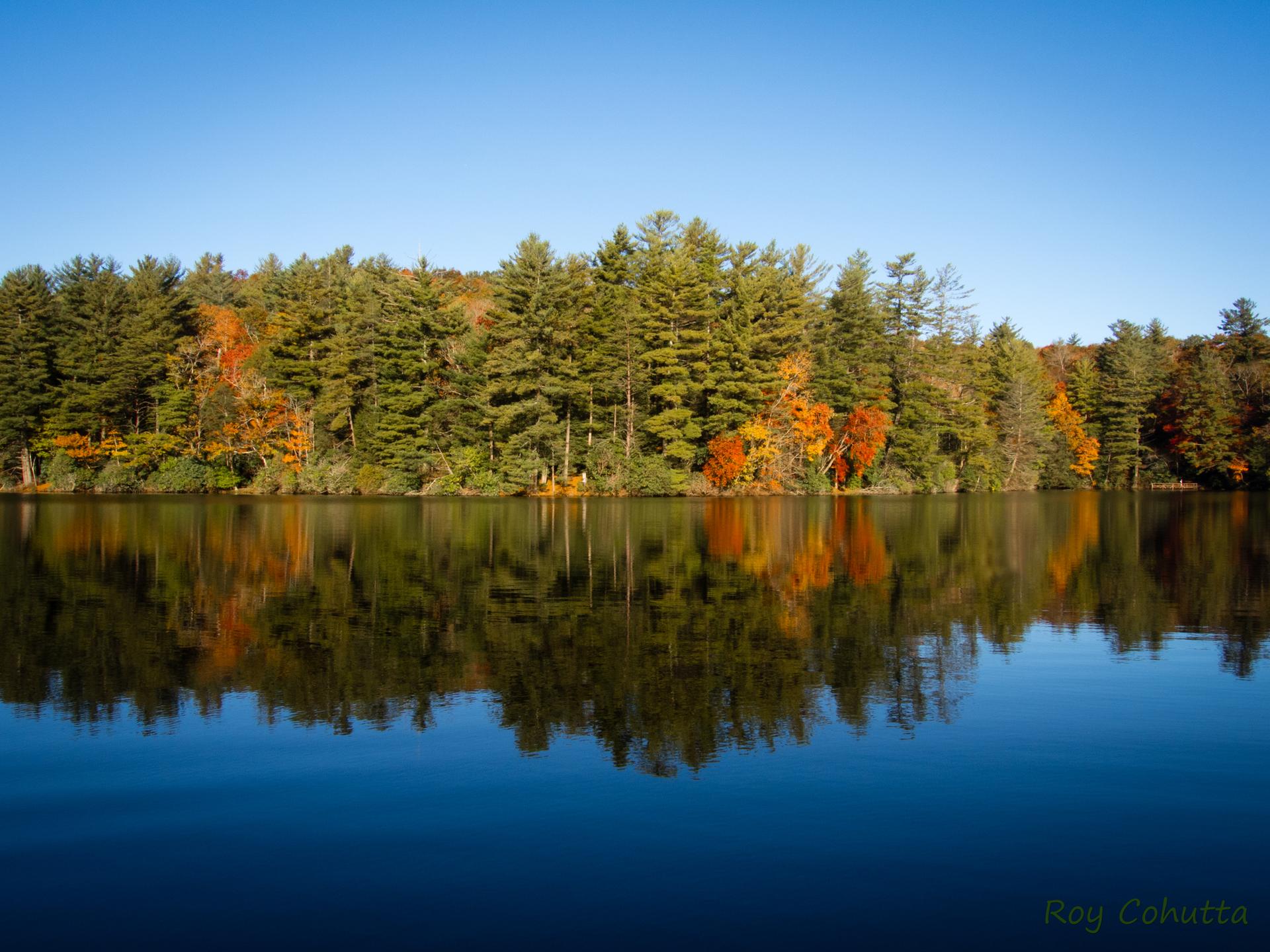 Calm lake reflecting a vibrant autumn forest under a clear blue sky.