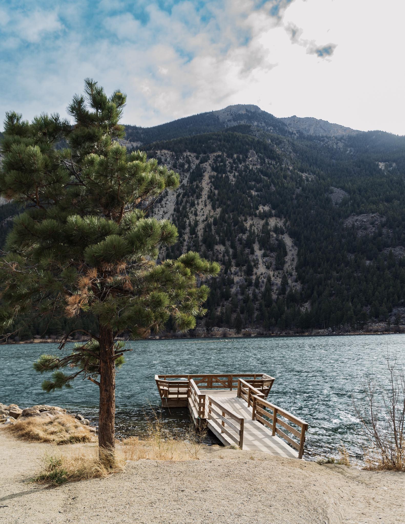 Wooden dock on a lake with a pine tree and forested mountains under a cloudy sky.