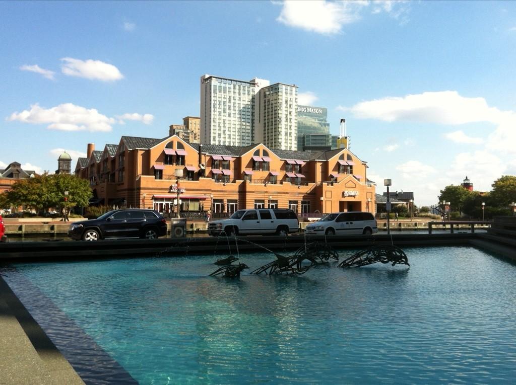 A fountain with dark submerged sculptures, city buildings, and cars under a bright sky.
