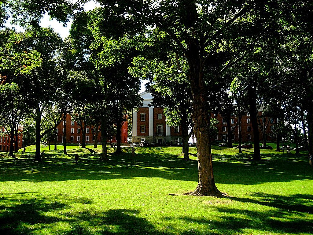 Sunny green lawn with large trees and brick buildings in the background. - Historic Downtown Amherst loop