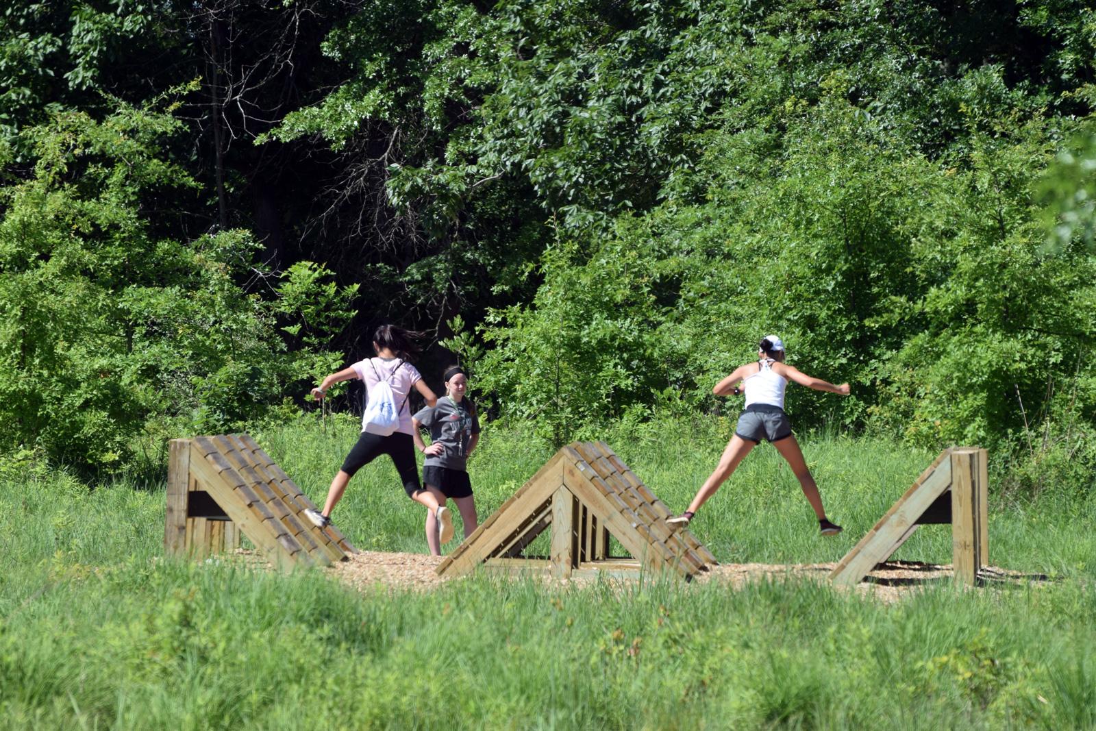 Three people navigate wooden obstacles in a sunny, green outdoor setting.
