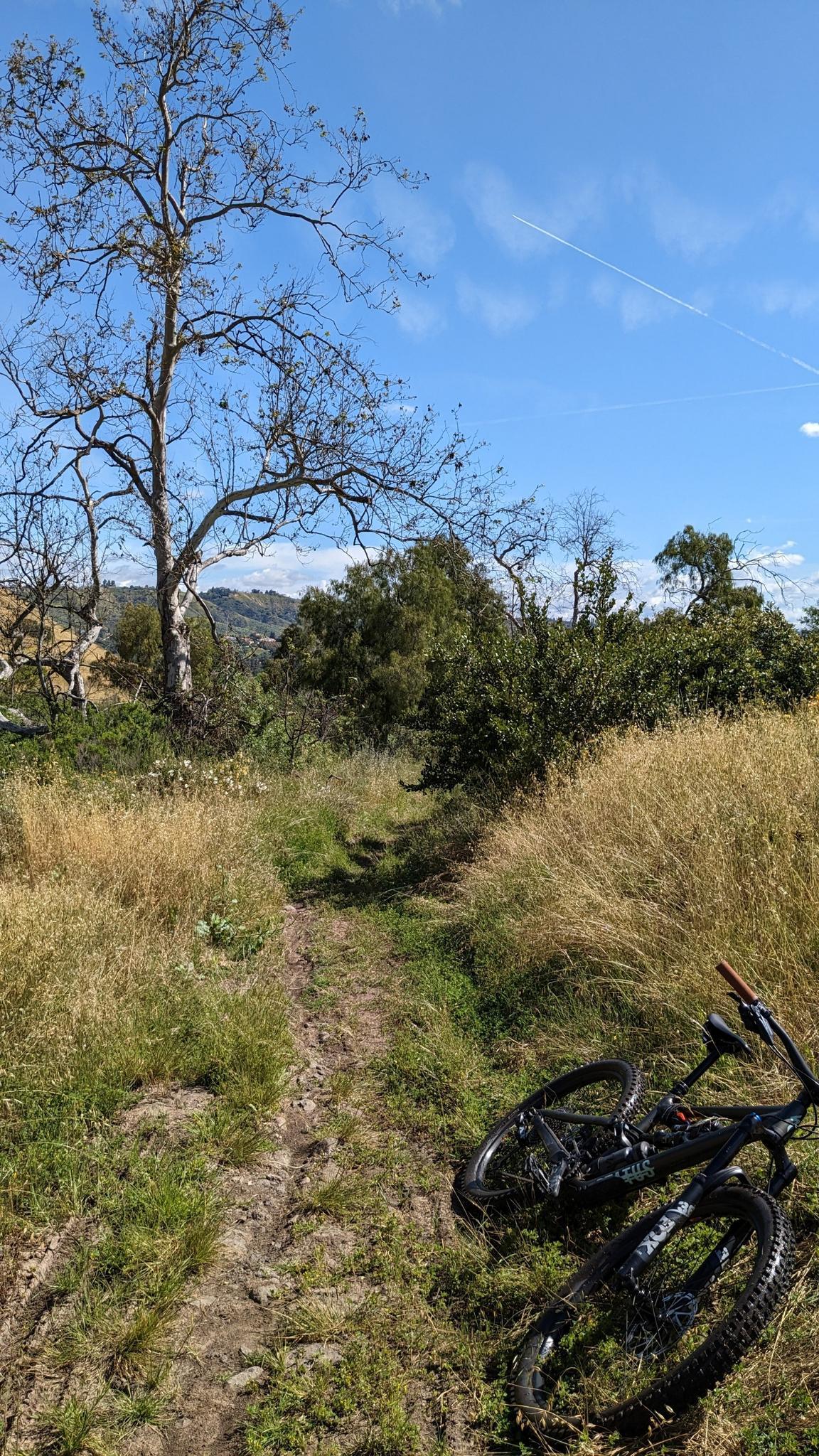 A mountain bike rests on a dry dirt path under a bright blue sky.