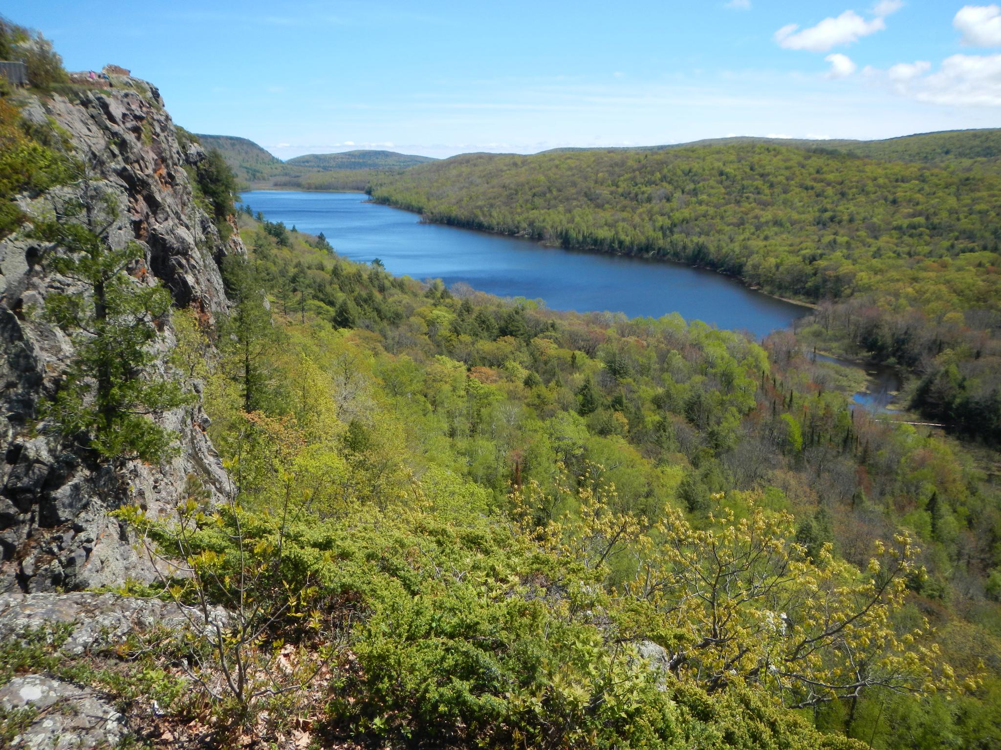Scenic overlook of a long blue lake winding through a lush green forest.