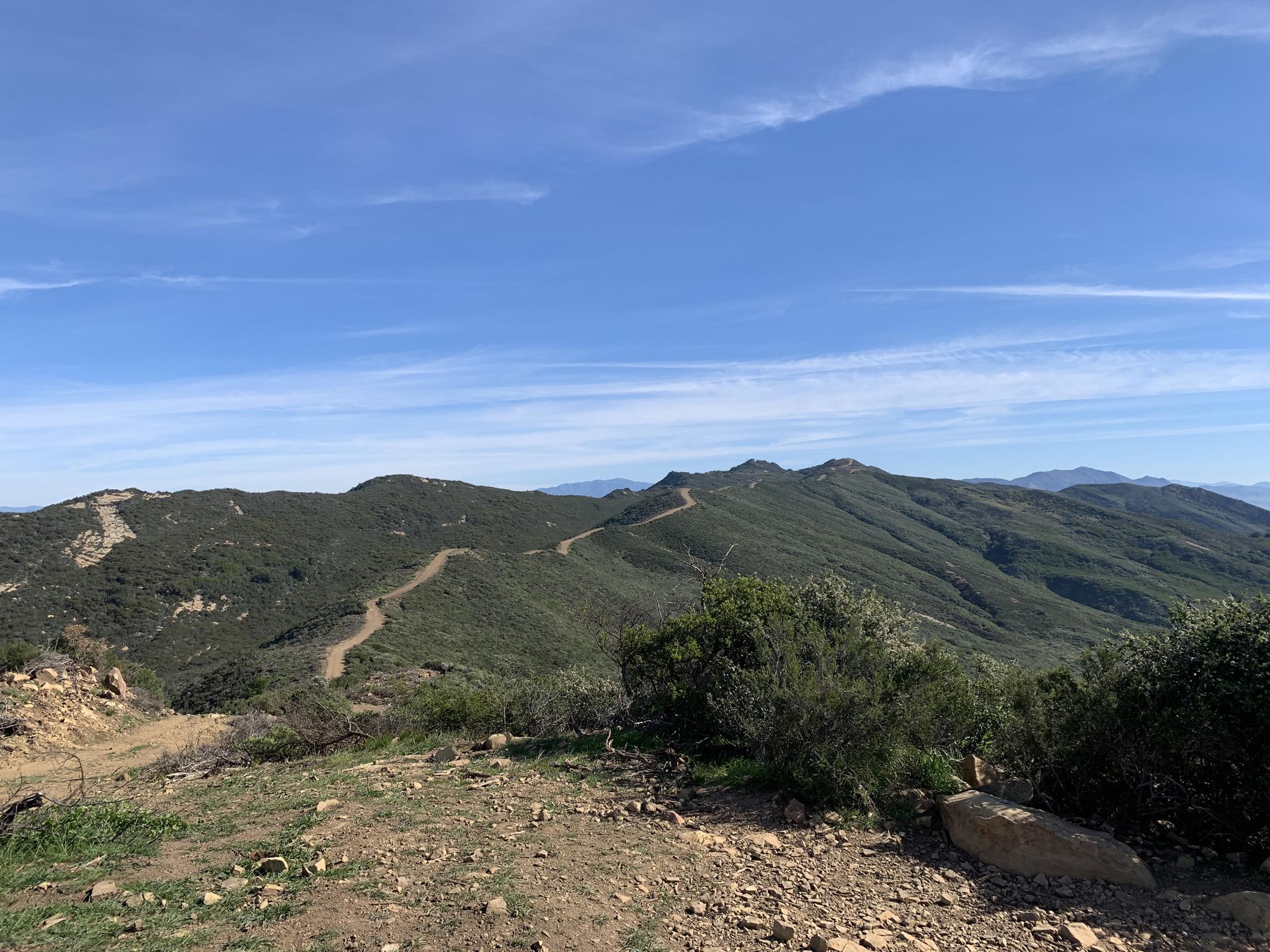 Winding dirt trail across green, brush-covered hills under a bright blue sky.