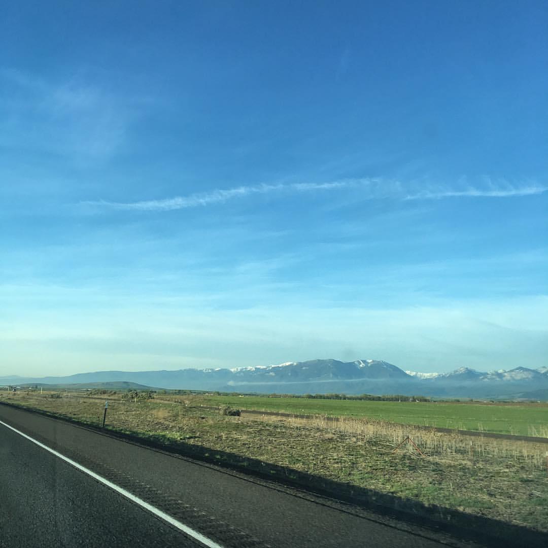 Long road stretches towards distant snow-capped mountains under a clear blue sky.