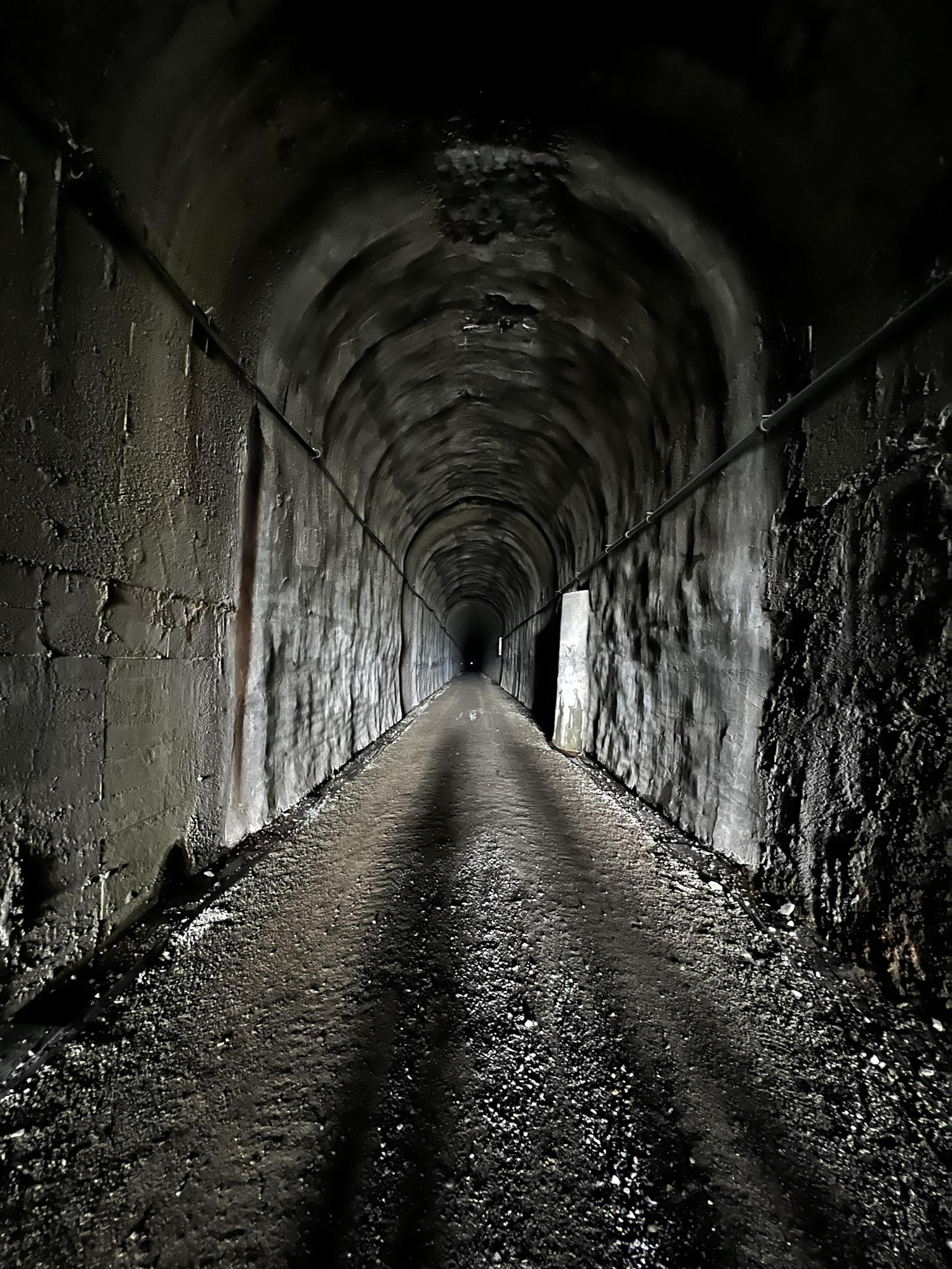 A dark, arched tunnel with a gravel path and faint light ahead.