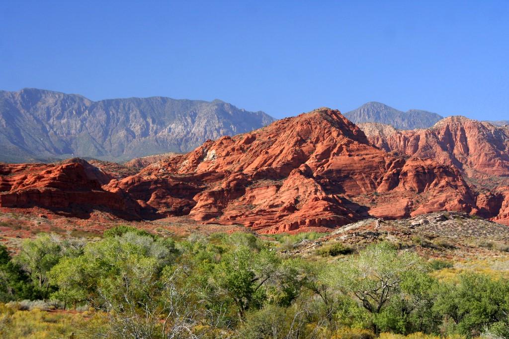 Vibrant red rock mountains and green trees under a clear blue sky.