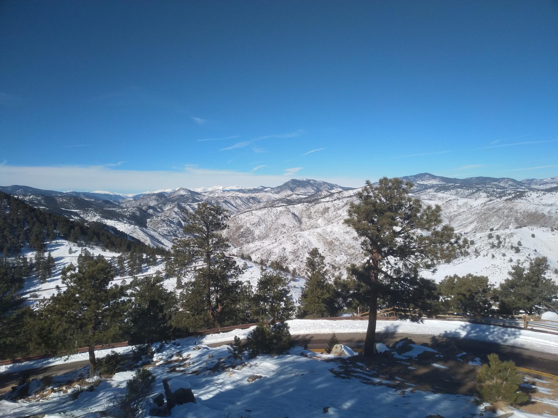 Vast snowy mountain landscape with evergreen trees under a clear blue sky.