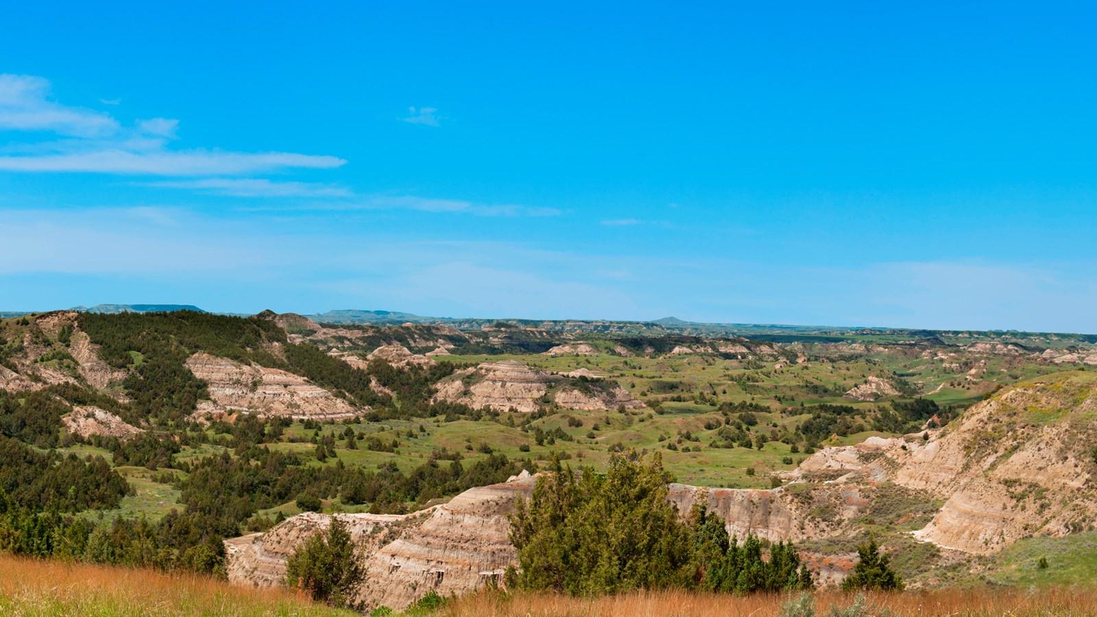 Expansive badlands landscape with green valleys and layered rock formations.