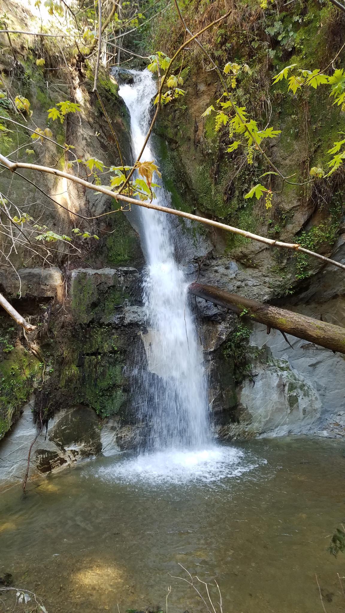 A tall waterfall cascades into a clear pool amidst rocky cliffs and green foliage.