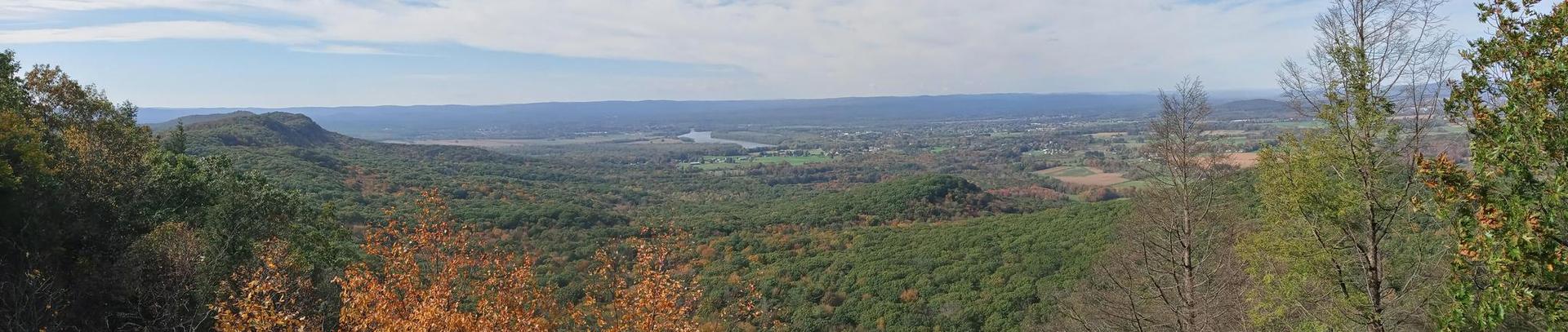 Expansive panoramic view of a vast forested valley under a bright blue sky.