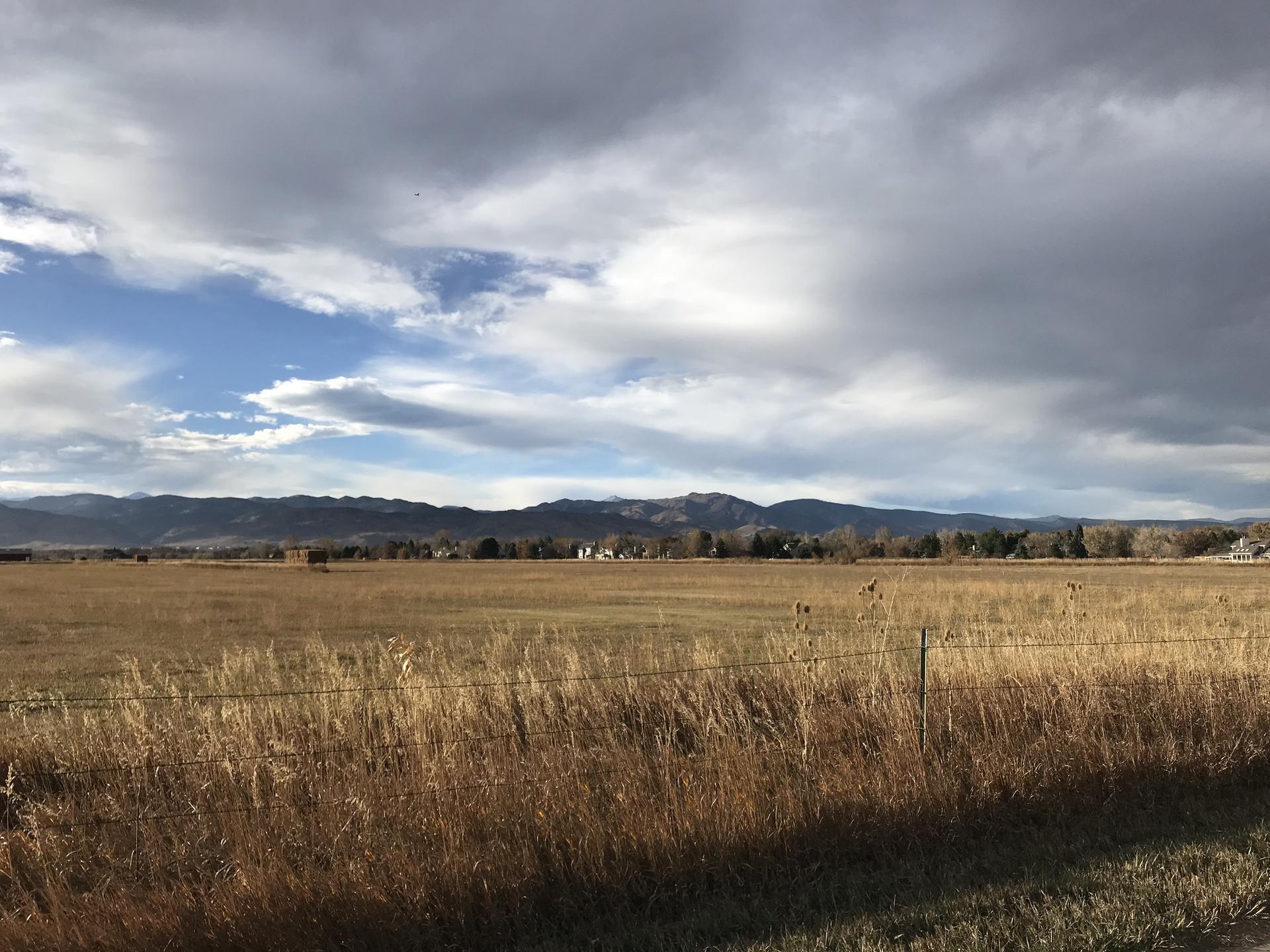 Grassy field with distant mountains under a partly cloudy sky.