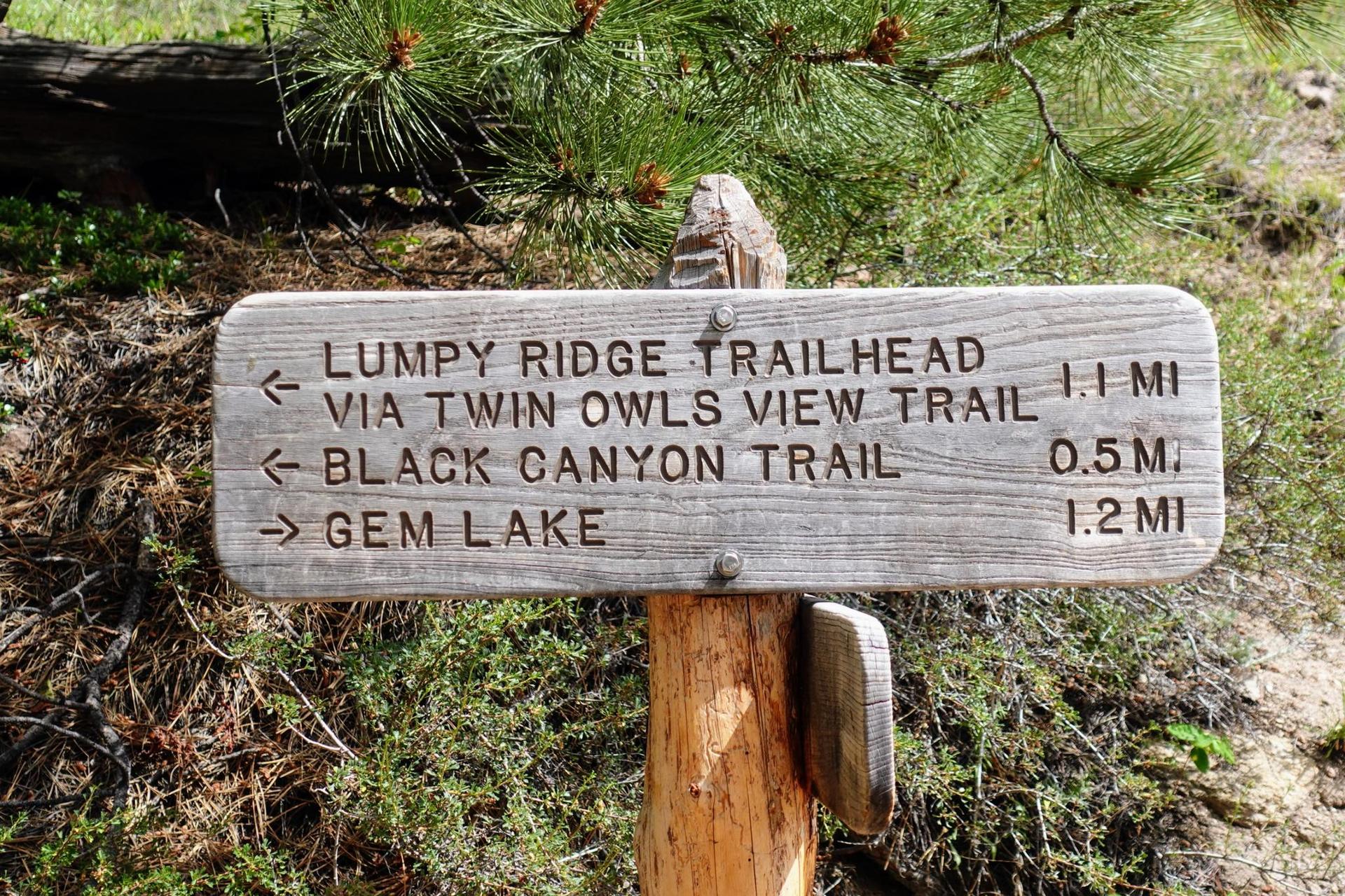 Weathered wooden trail sign with directional arrows and text.