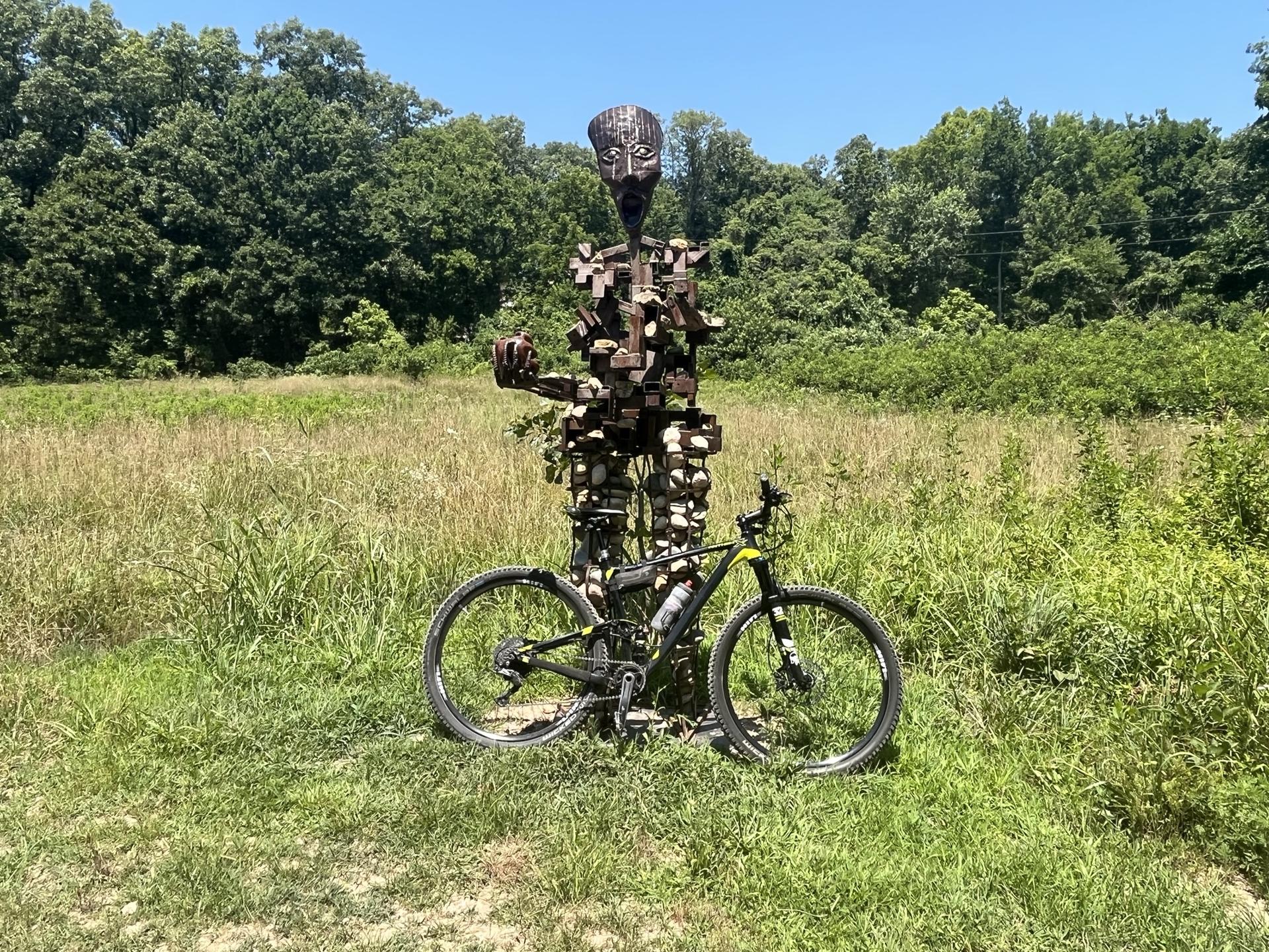 A mountain bike next to a tall, abstract wooden sculpture in a sunny field.