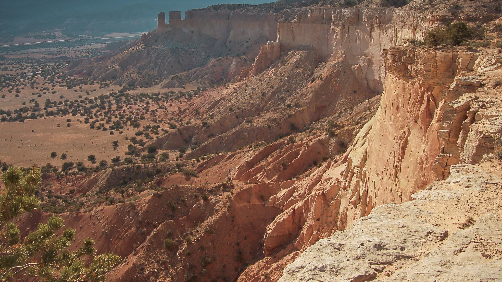 Expansive desert canyon with steep, eroded cliffs and scattered vegetation.