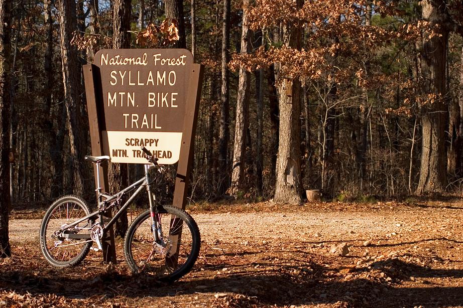 Mountain bike parked next to a wooden trail sign in a sunny, autumn forest.