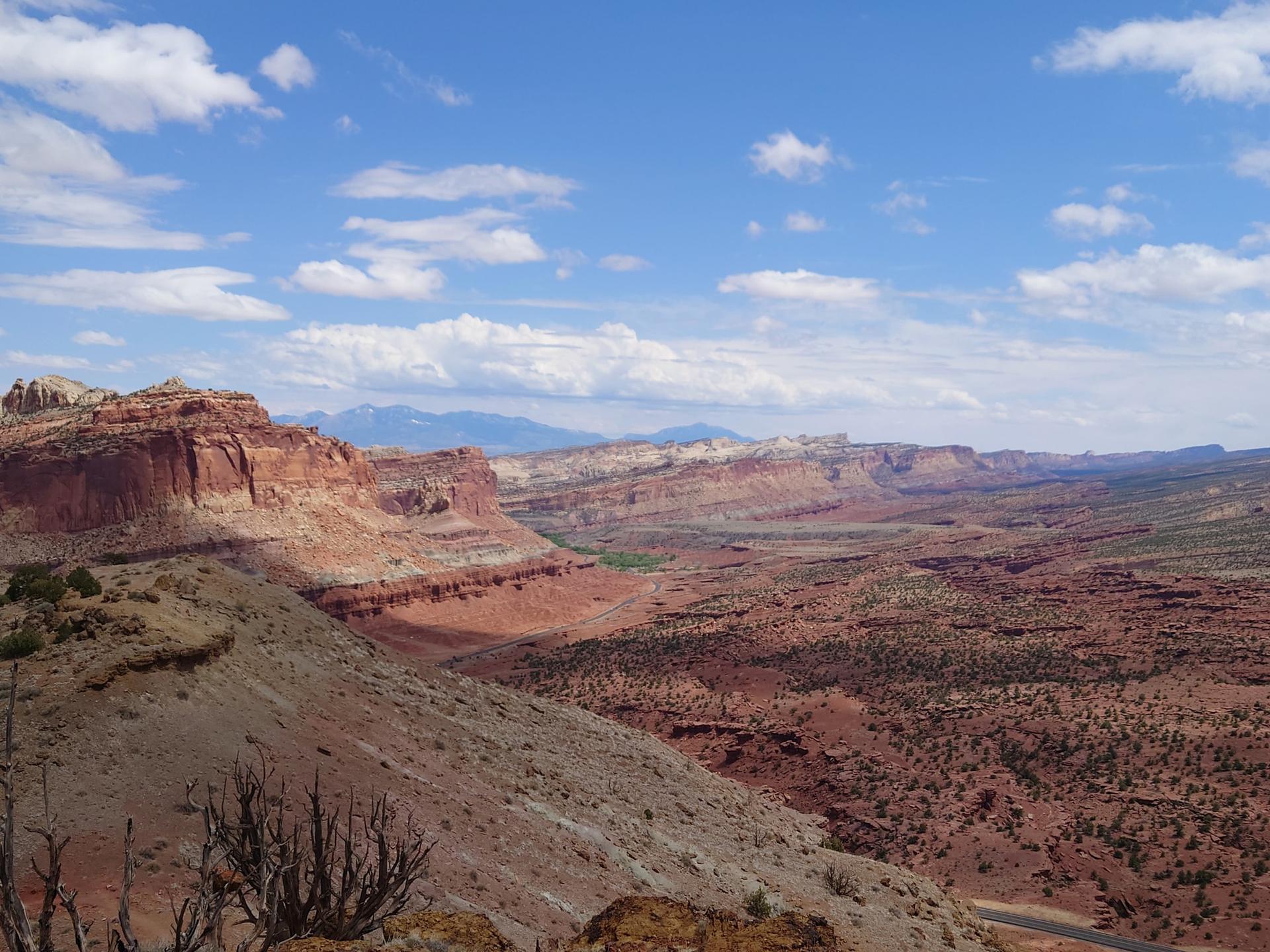 Expansive desert canyon vista with red rock cliffs under a cloudy sky.