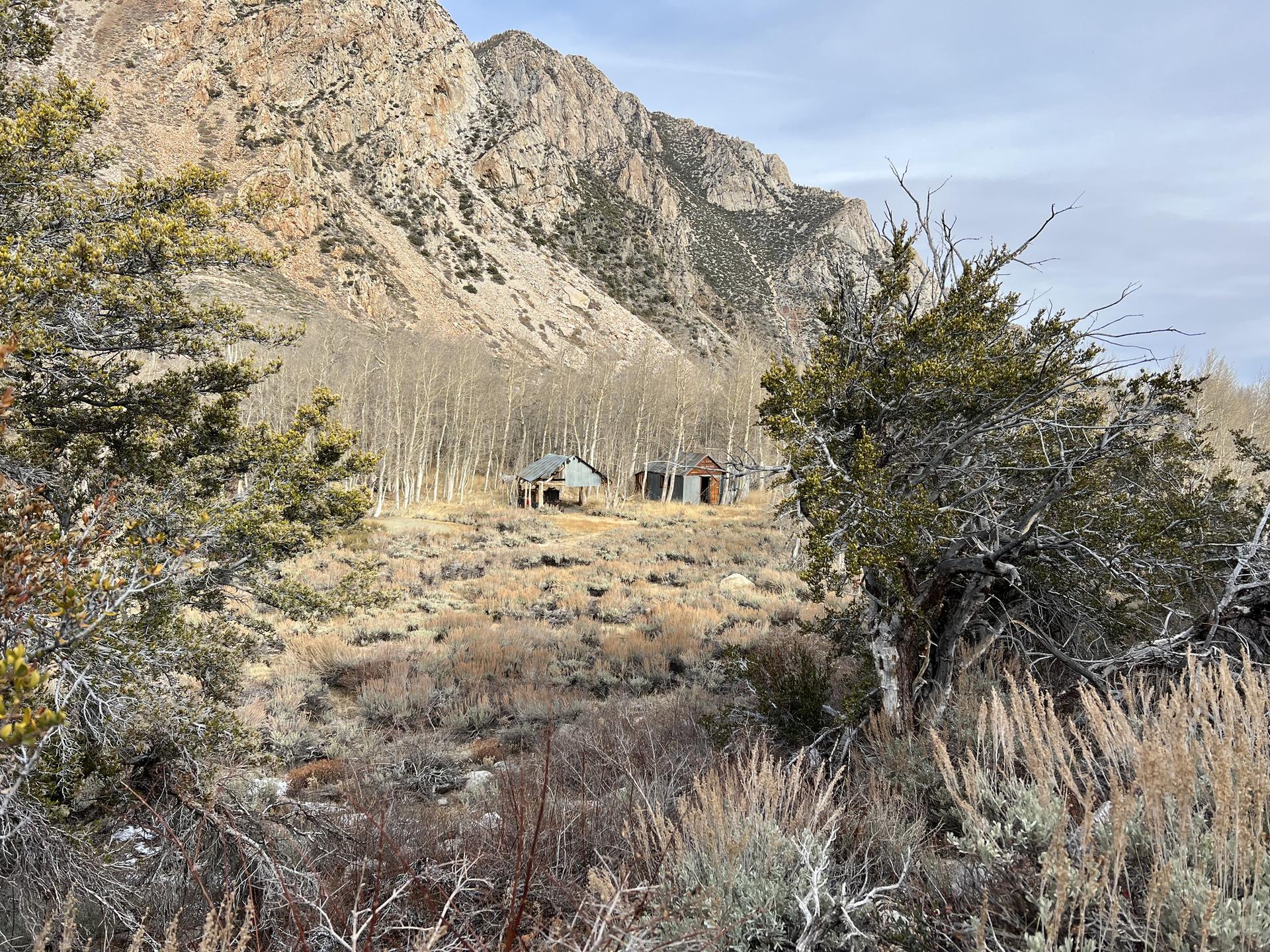 Two rustic cabins nestled in a valley with mountains and aspen trees.
