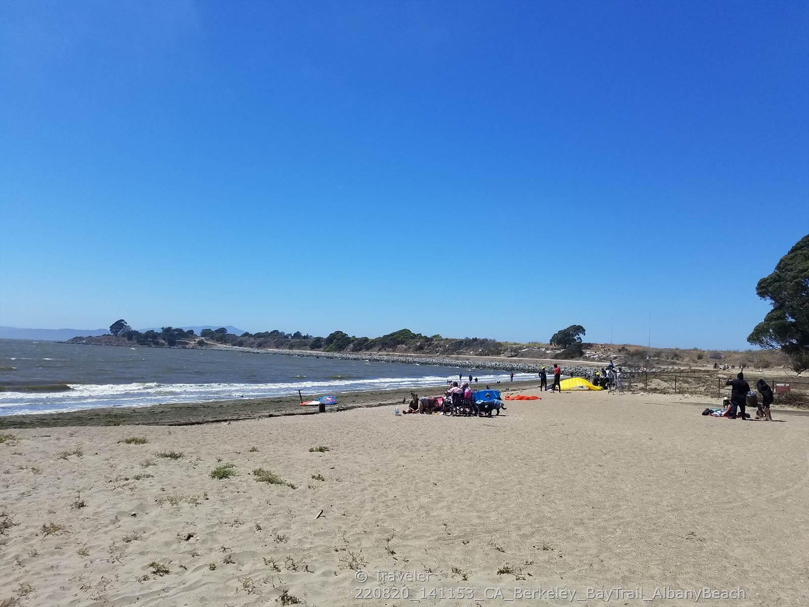 People on a sandy beach next to the water under a clear blue sky.