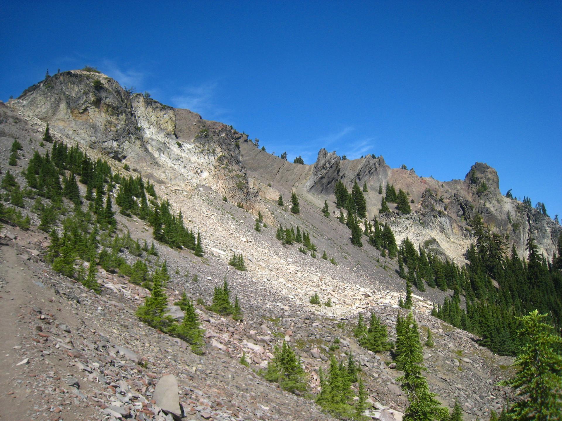 Steep, rocky mountain face with sparse evergreen trees under a bright blue sky.