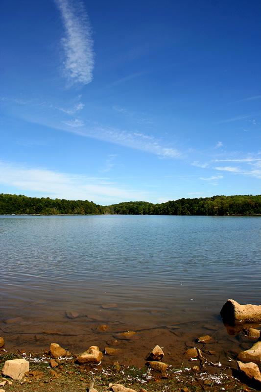 A serene lake with a forested far shore under a bright blue sky.