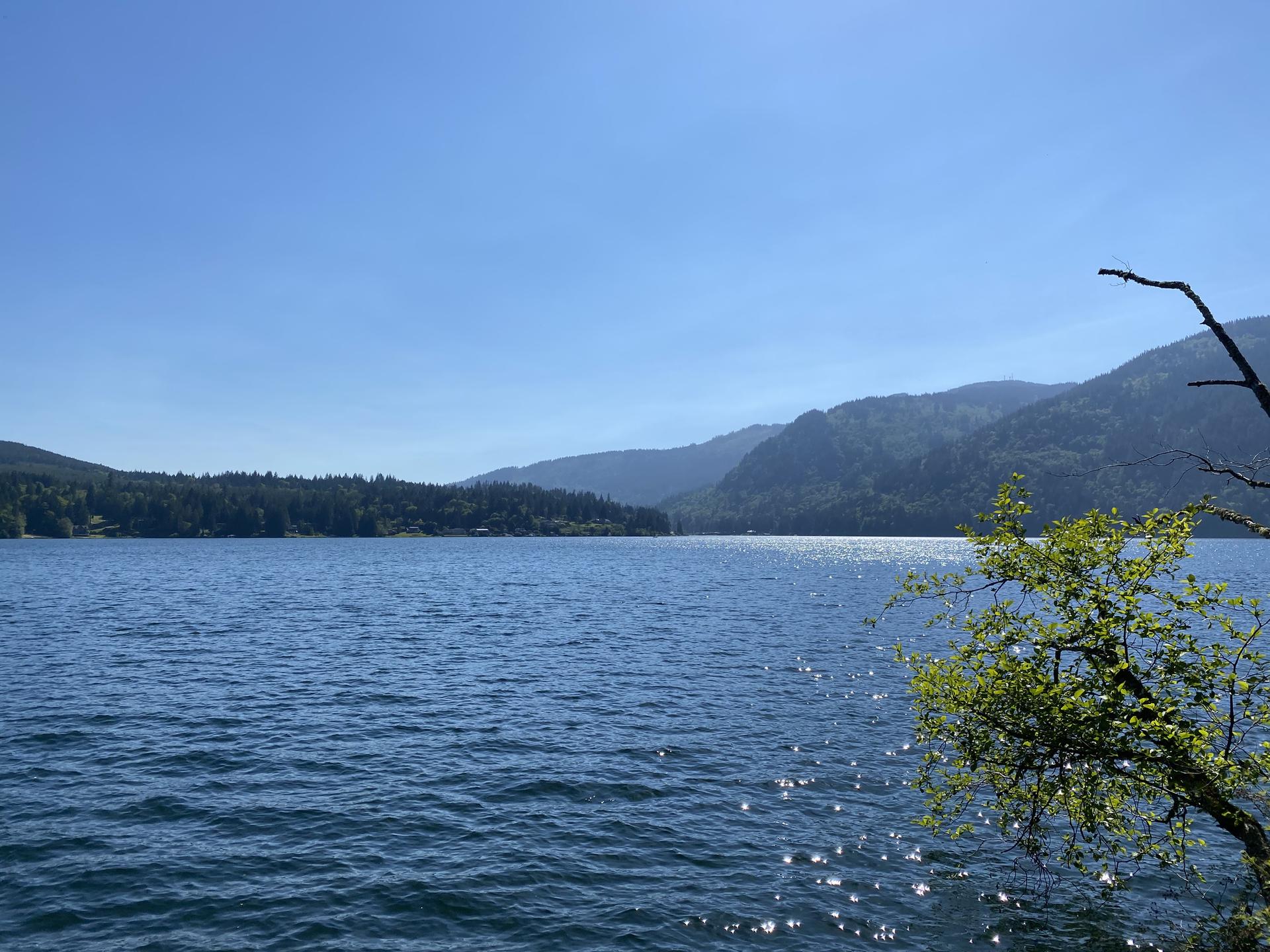 Wide blue lake with distant forested mountains under a clear, sunny sky.