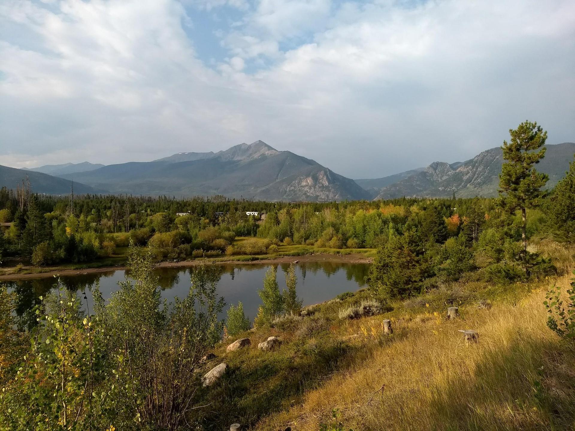 Overcast view of a lake surrounded by trees and distant mountains.
