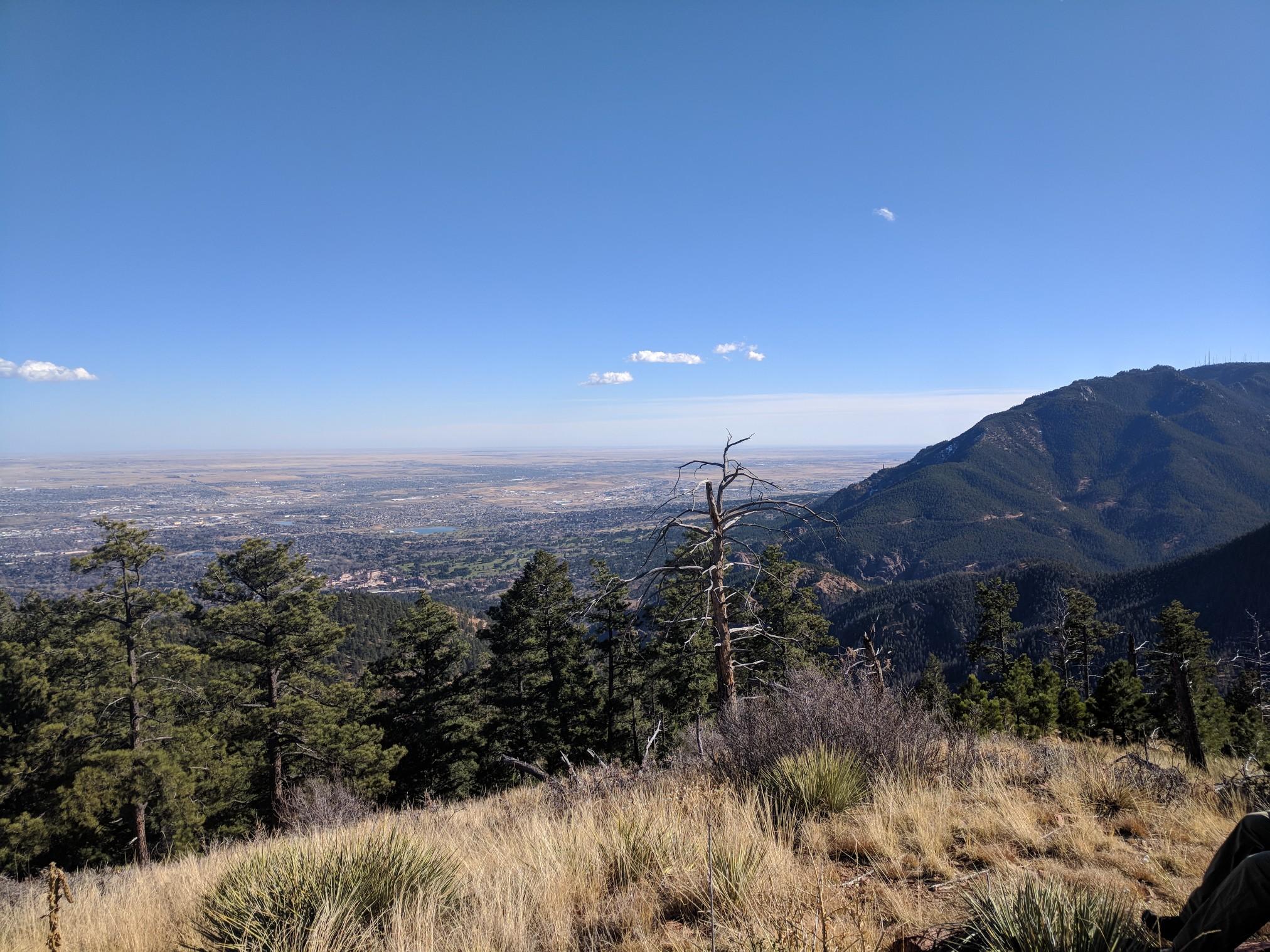 Mountain vista with pine trees, dry grass, and a distant city under clear skies.