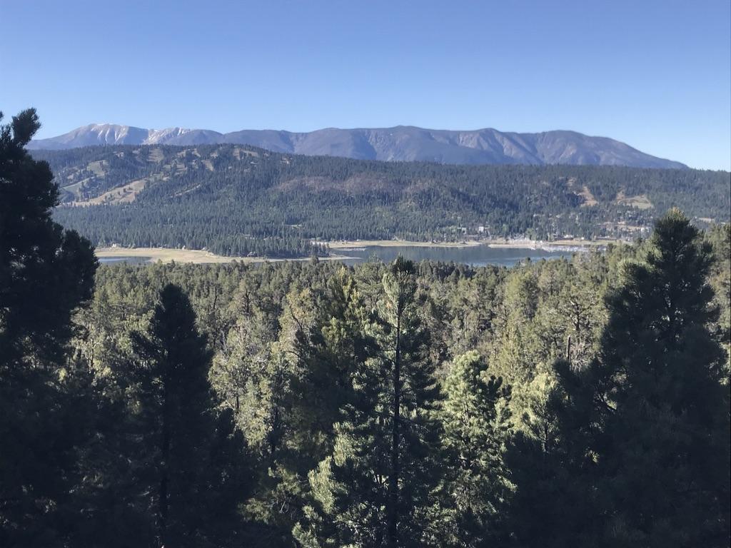 Panoramic view of a lake surrounded by forests and distant snow-capped mountains under clear skies.