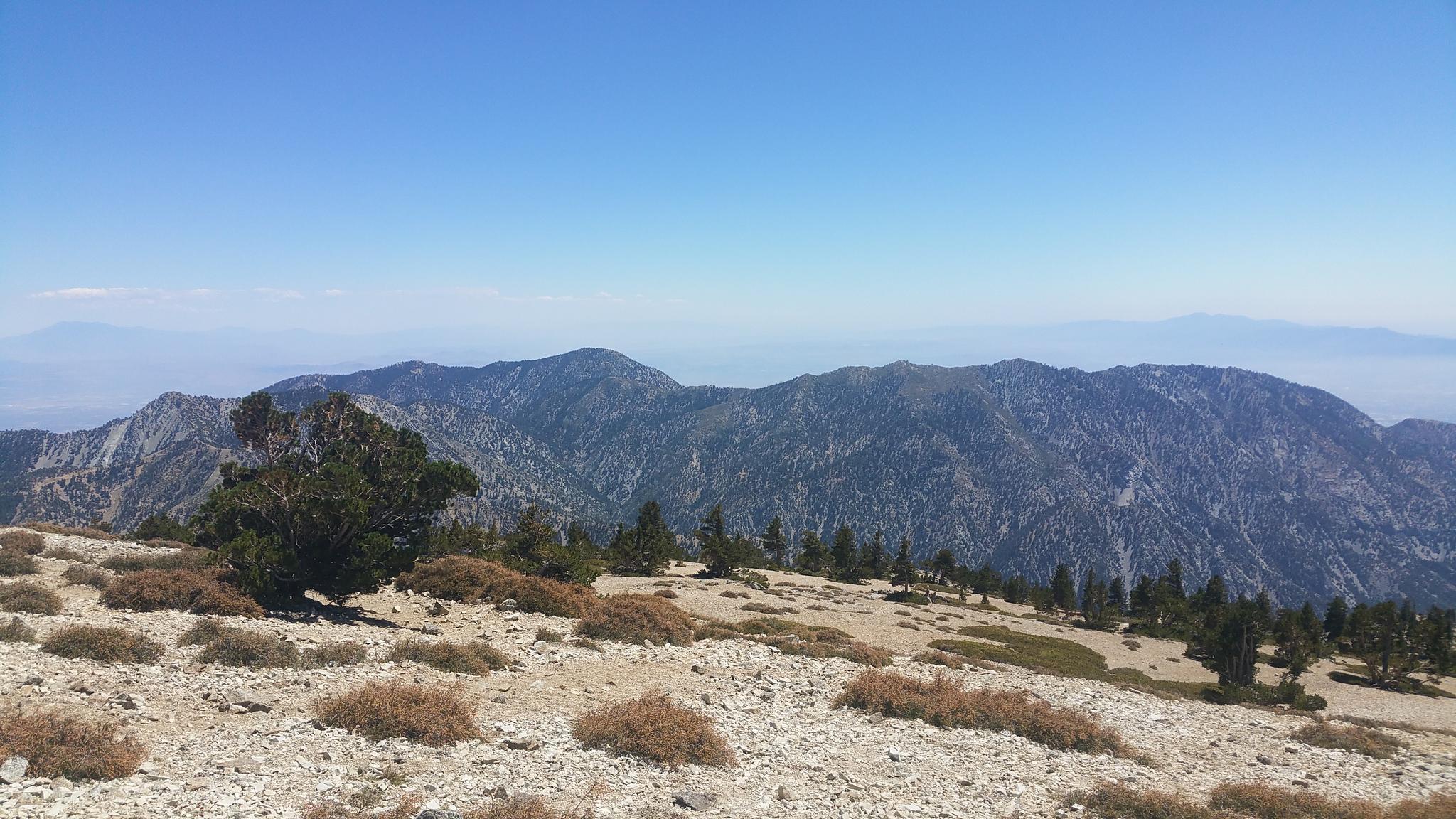 Expansive view of rugged mountains and sparse vegetation under a clear blue sky.