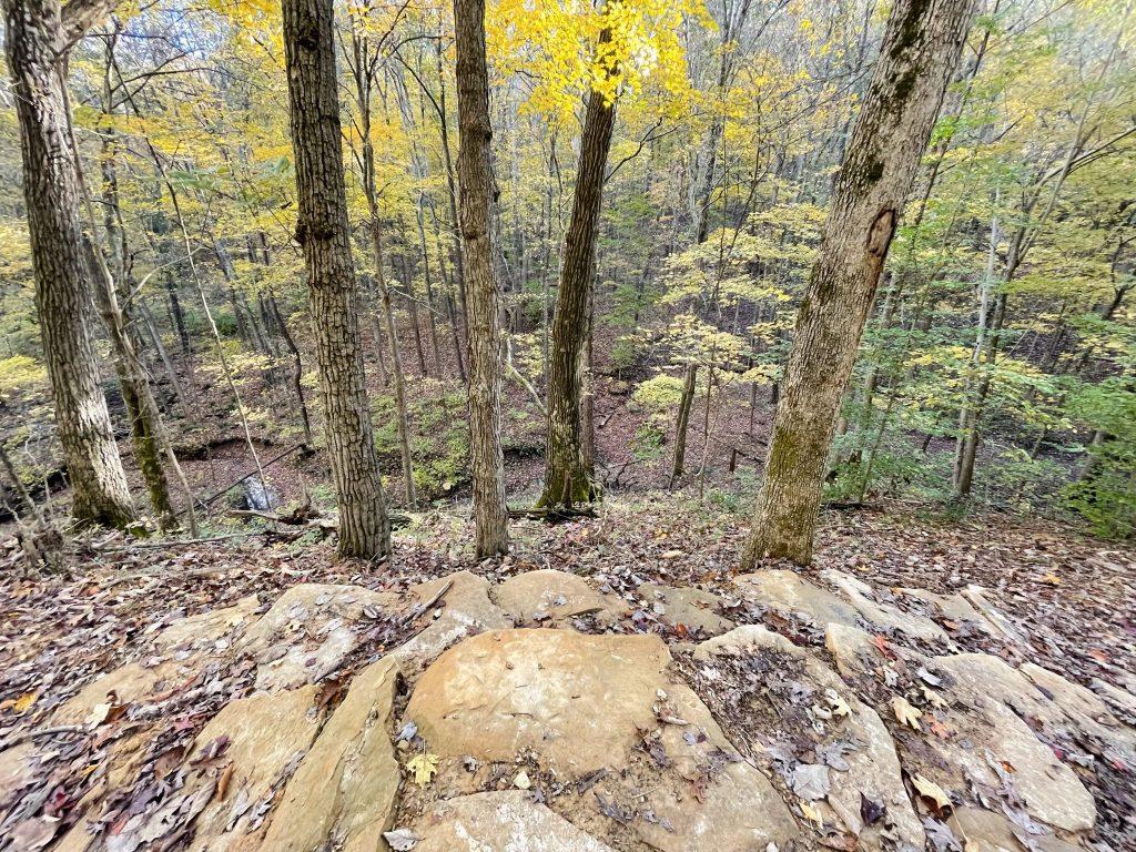 Rocky overlook in a sunny autumn forest, looking down into a valley.