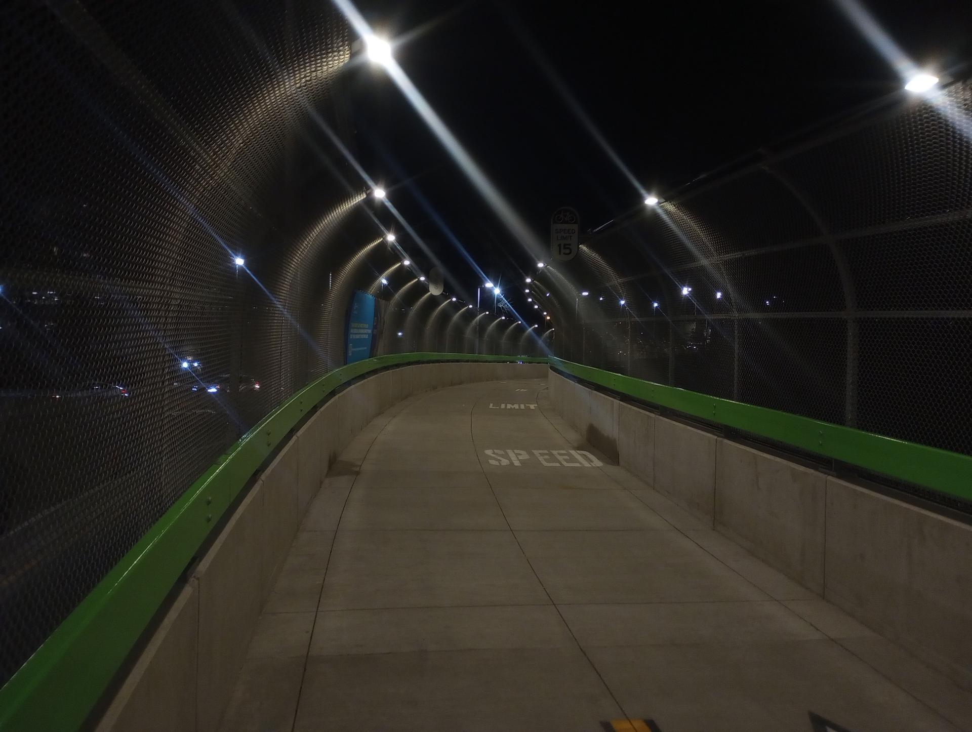 Curved pedestrian path inside a brightly lit mesh tunnel at night.