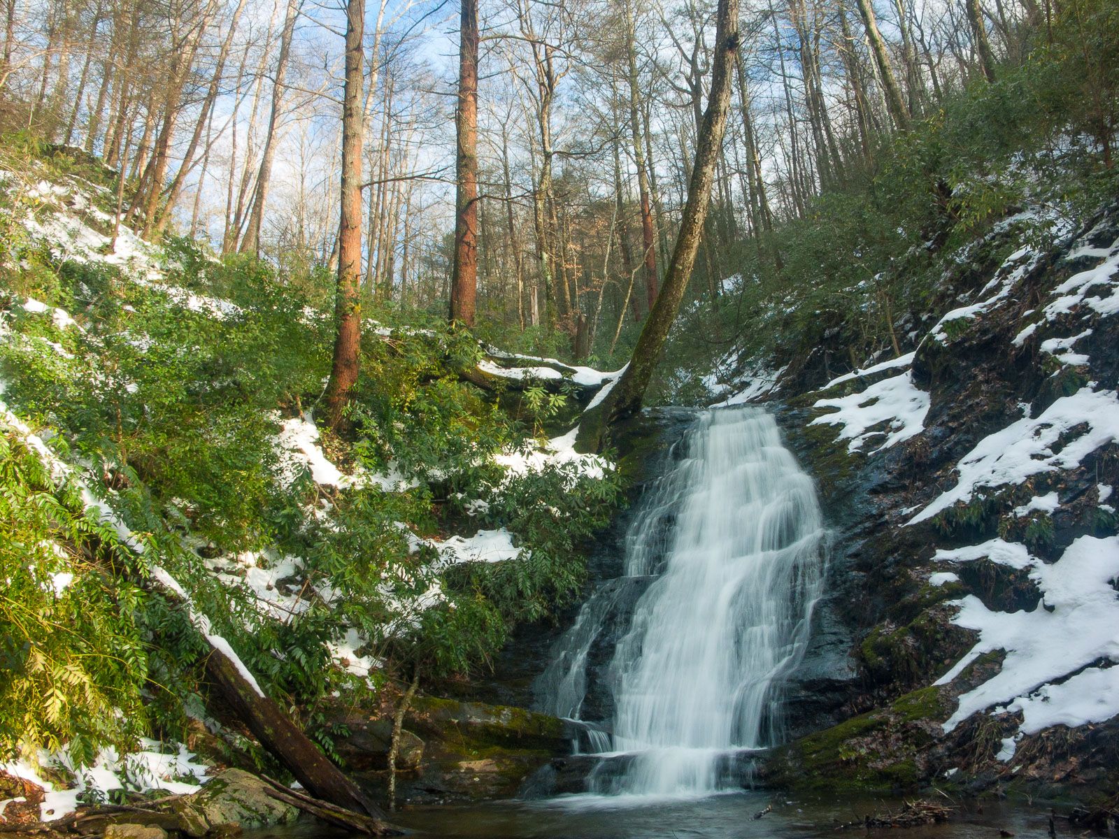 A beautiful waterfall cascades through a snowy, green forest under bright skies. - Hickory Branch Falls – Buckeye Knob loop from Curtis Creek Campsites