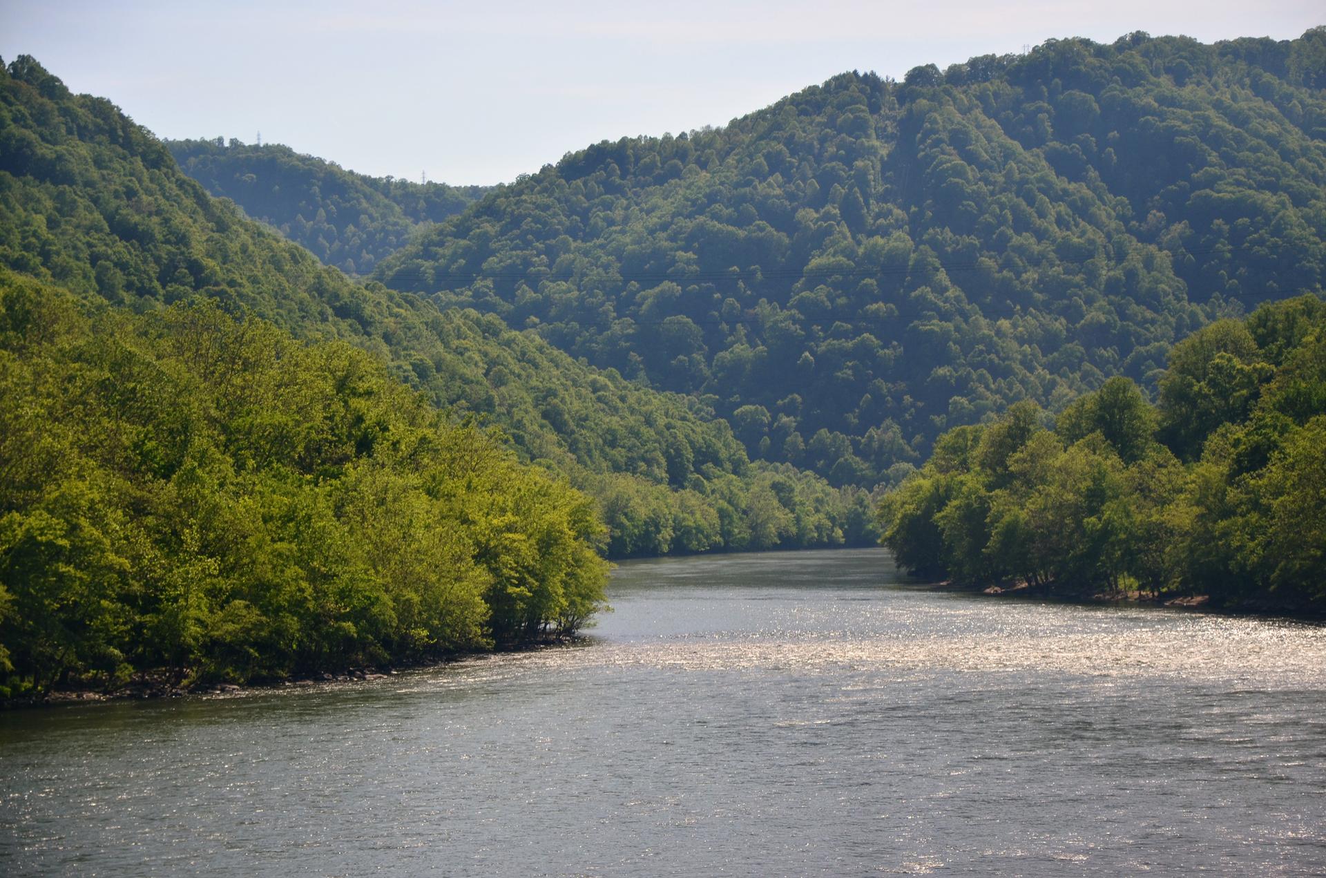 Sunny river flowing through a forested mountain valley.