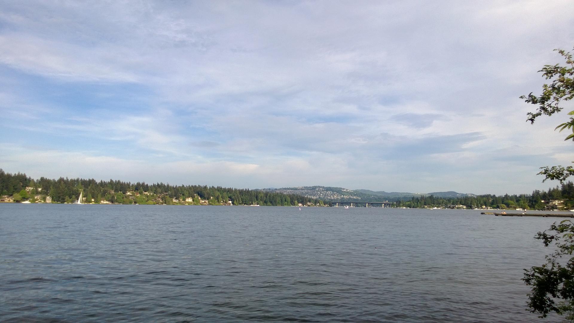 Wide lake view with forested shore, distant bridge, and cloudy sky.