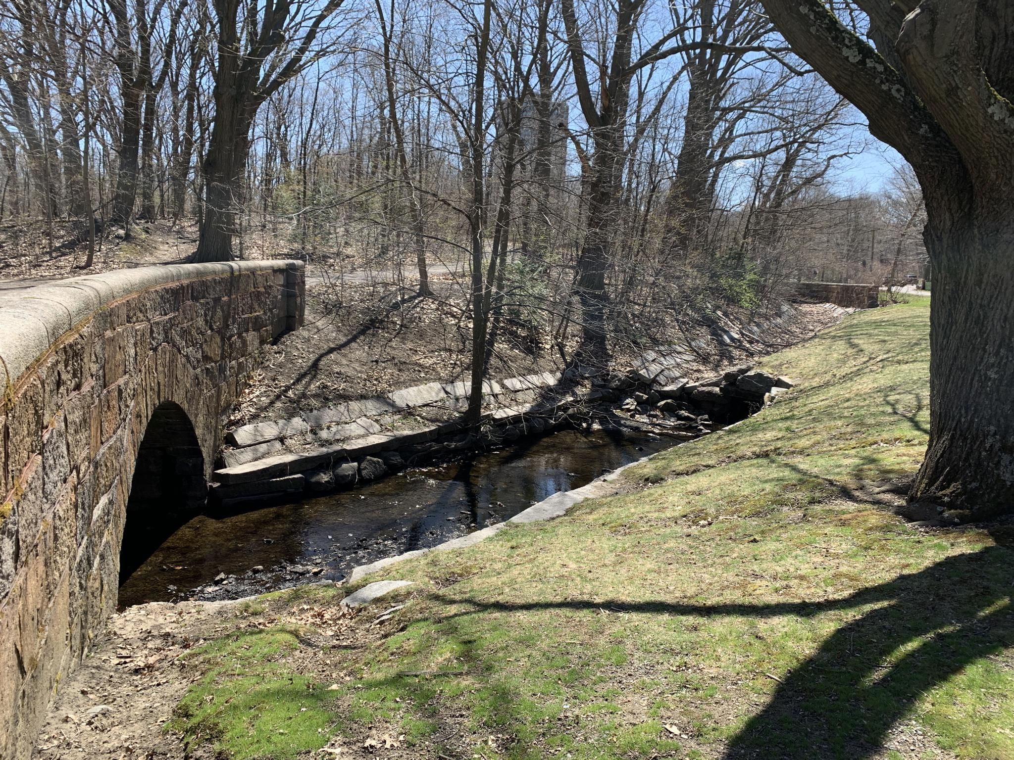 A stone arch bridge over a small stream with bare trees on a sunny day. - Olmstead Park & Jamaica Pond loop