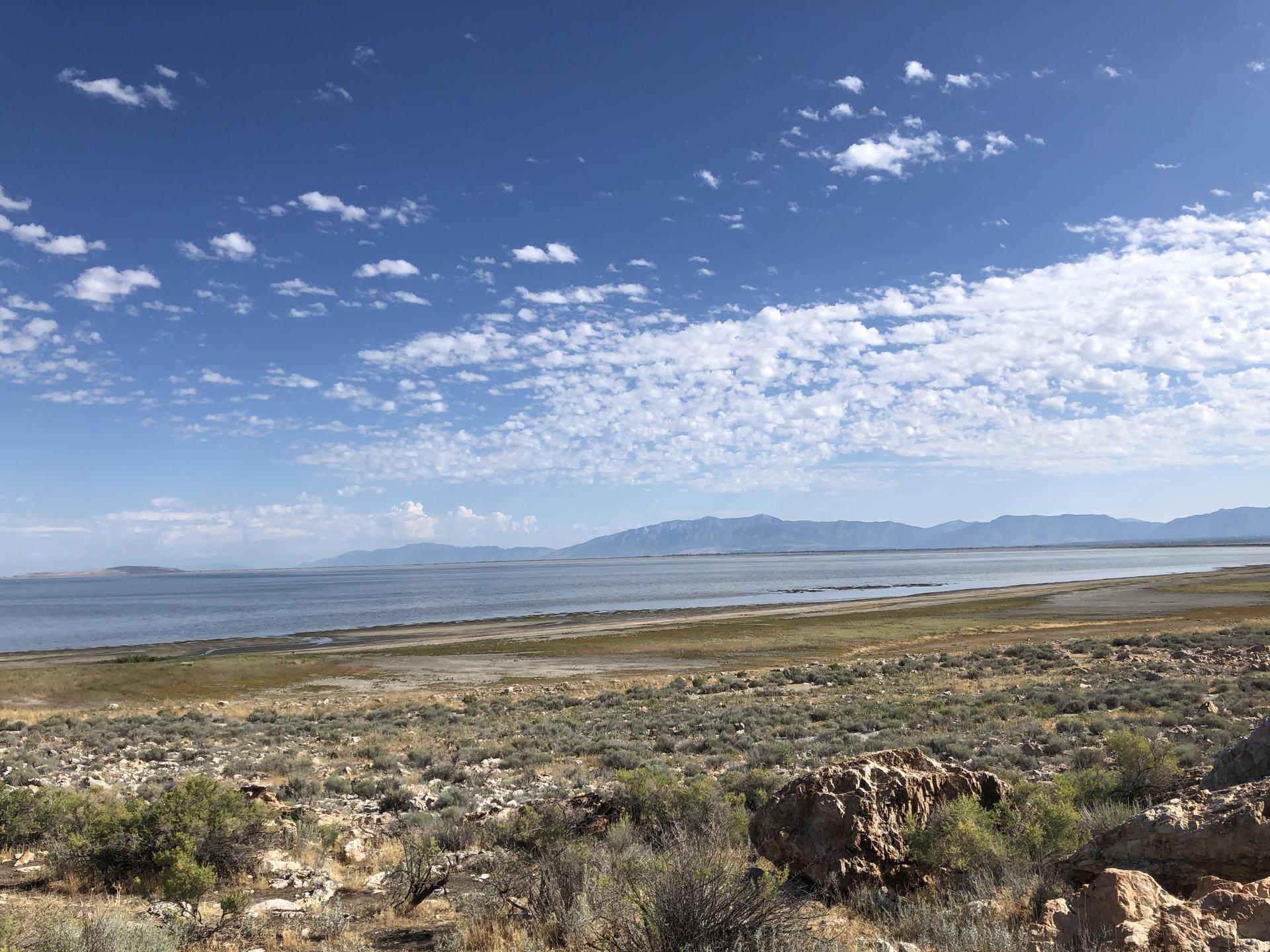 Expansive water body, flat shore, rocky desert foreground, distant mountains under blue sky.
