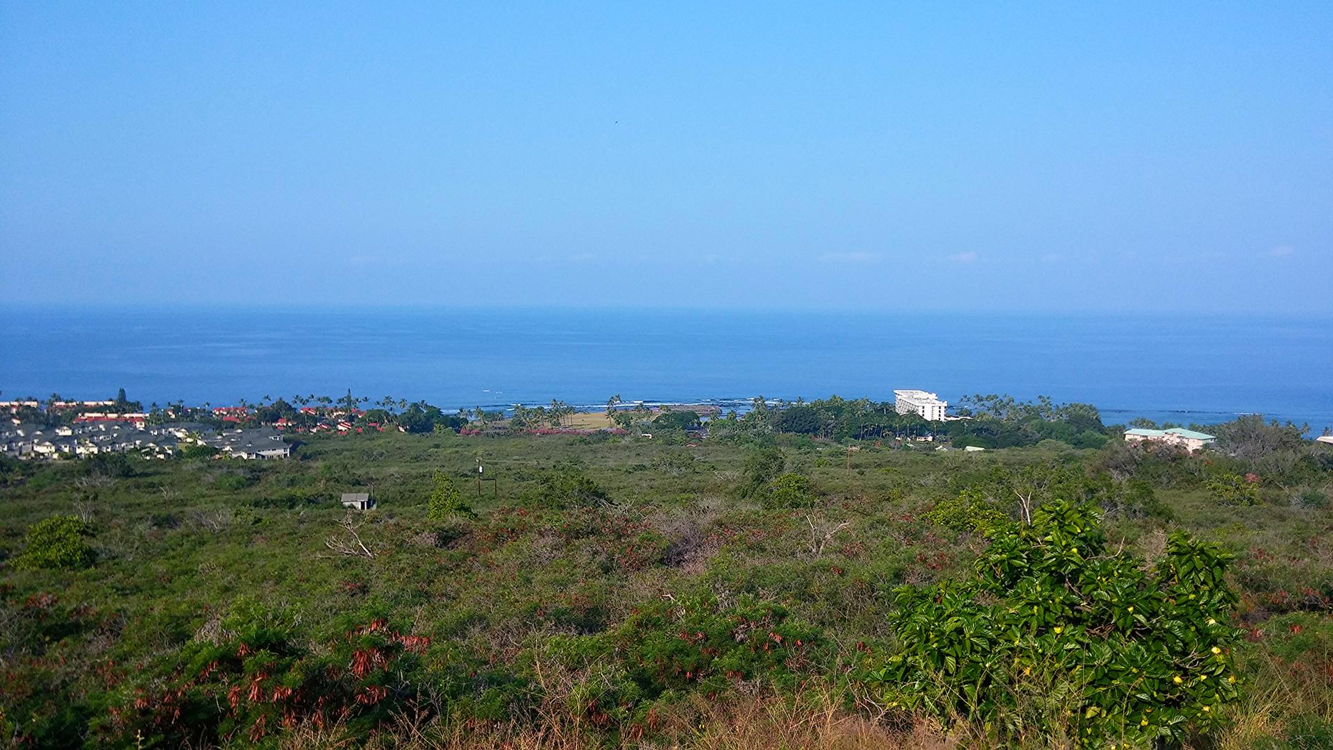 Vast blue ocean horizon over green hills and a distant town.