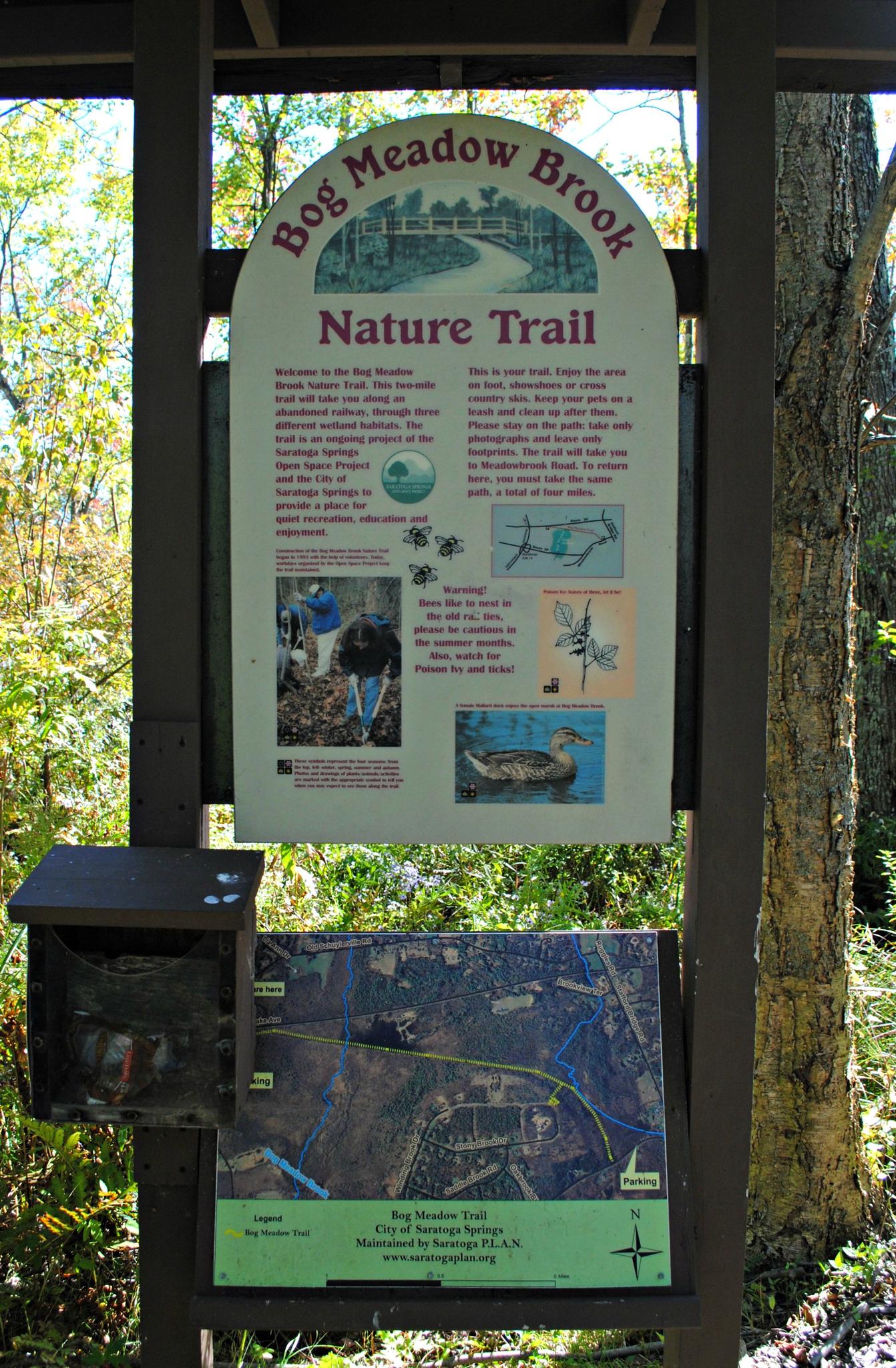 A large trailhead sign with maps and information in a sunny forest.