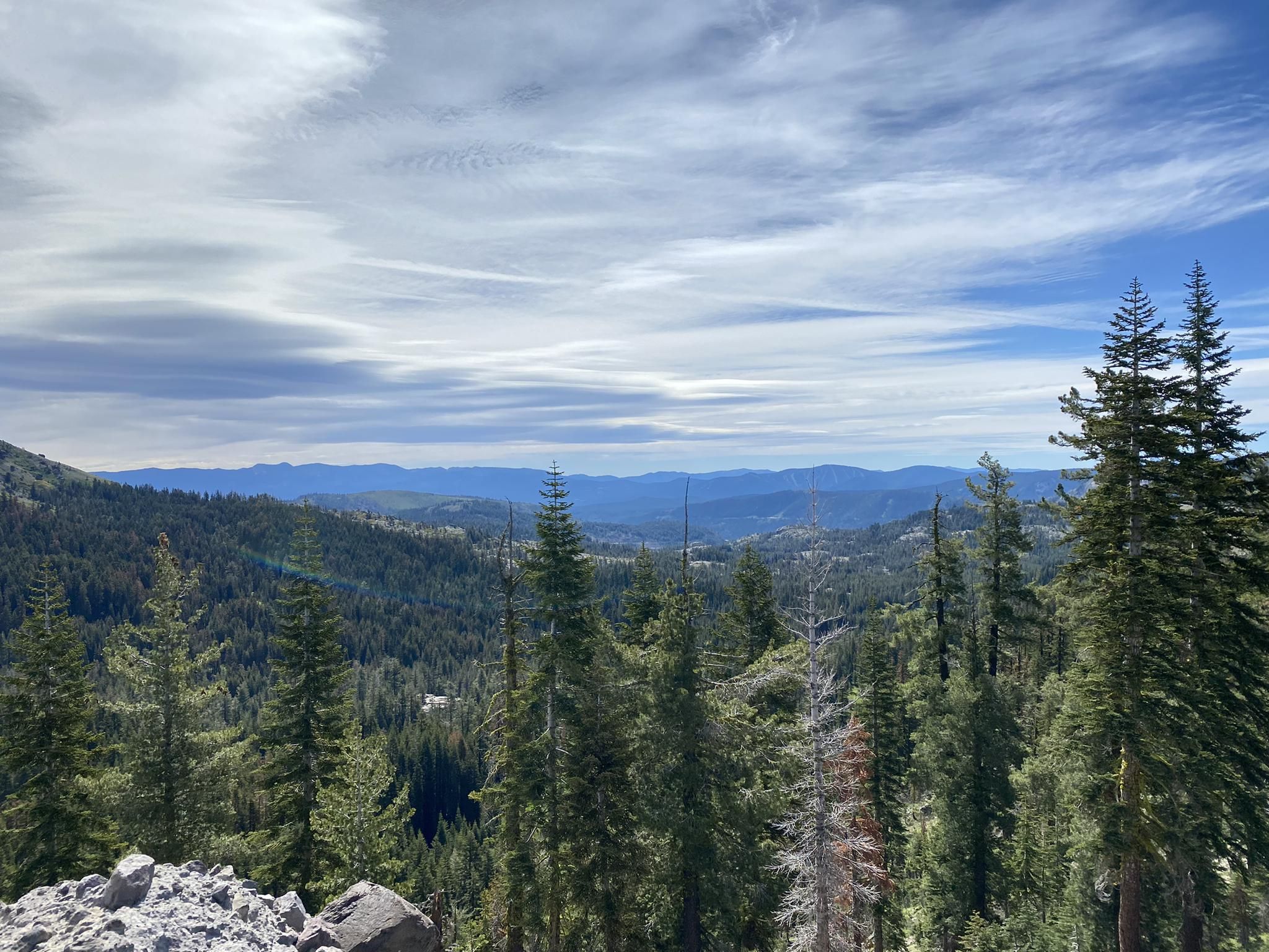 Dense pine forest covers mountains under a partly cloudy sky. - Hole in the Ground Loop