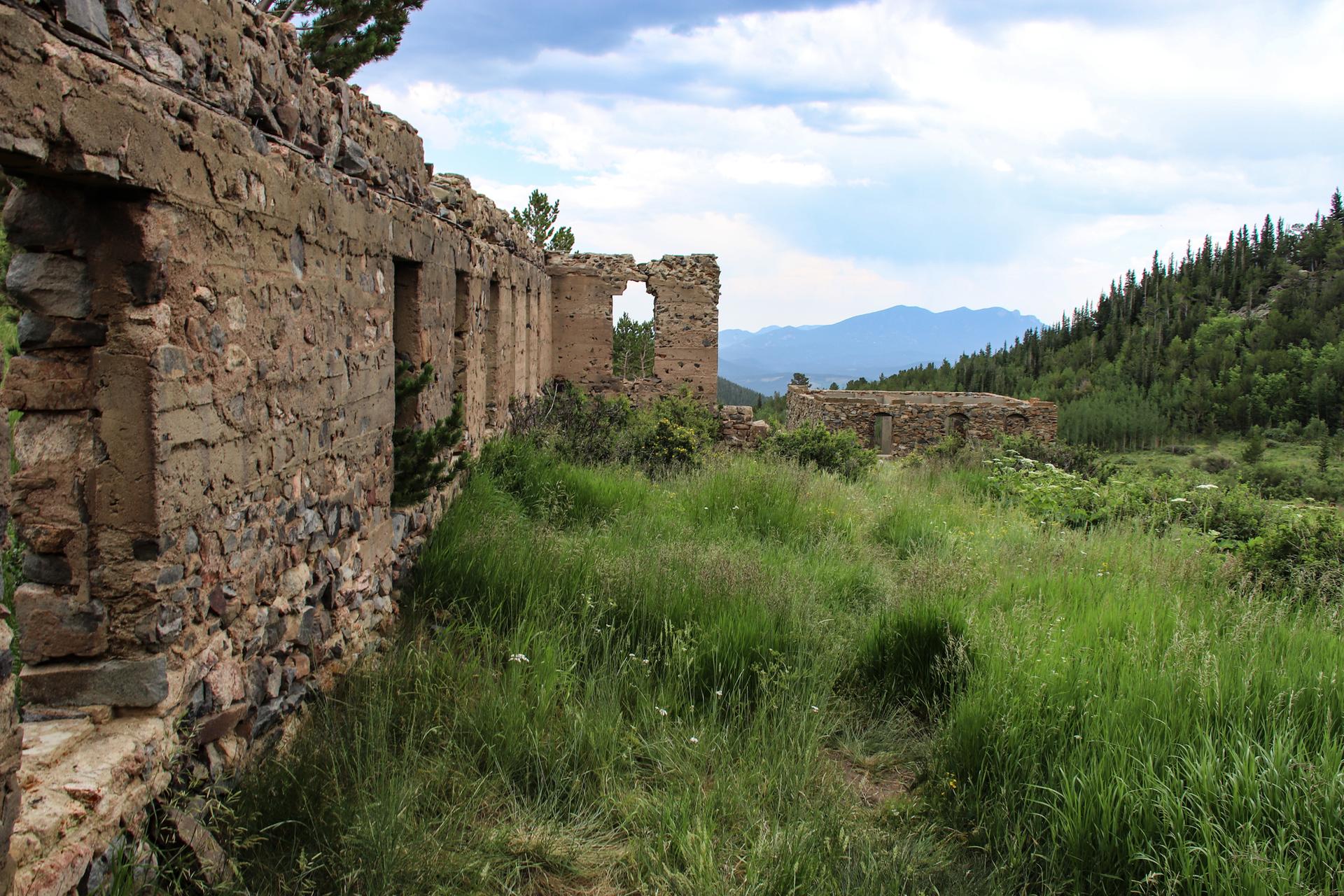 Overgrown stone ruins beside a grassy path with forested mountains in the distance.