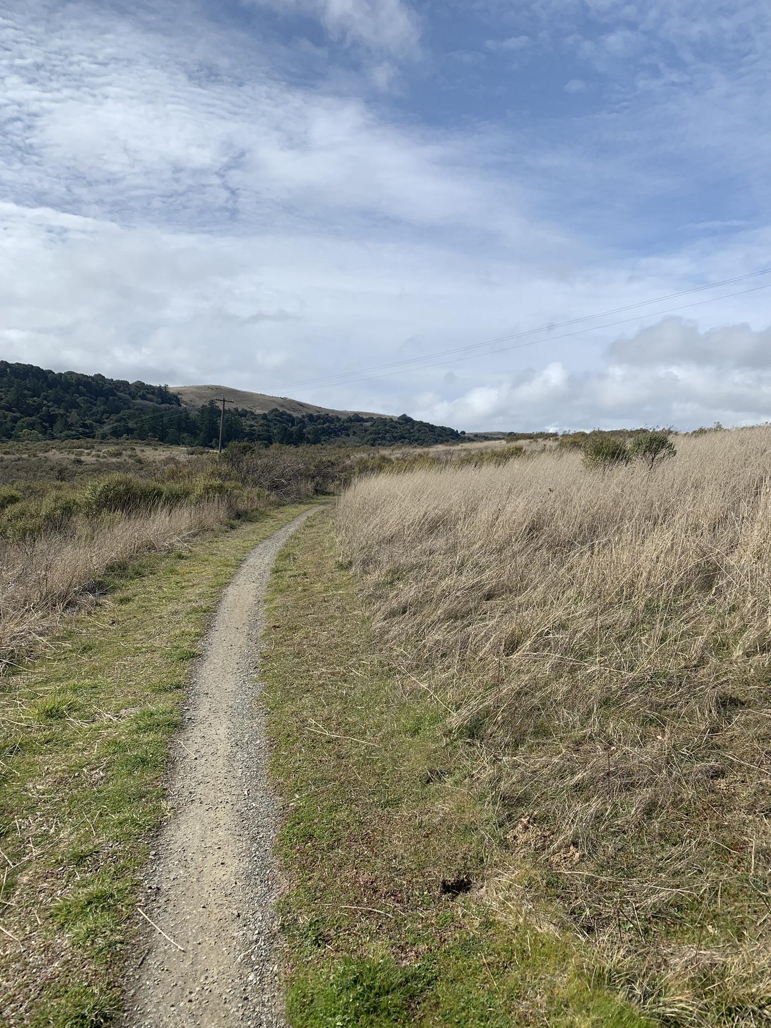 Winding dirt path through dry grass fields under a cloudy sky.