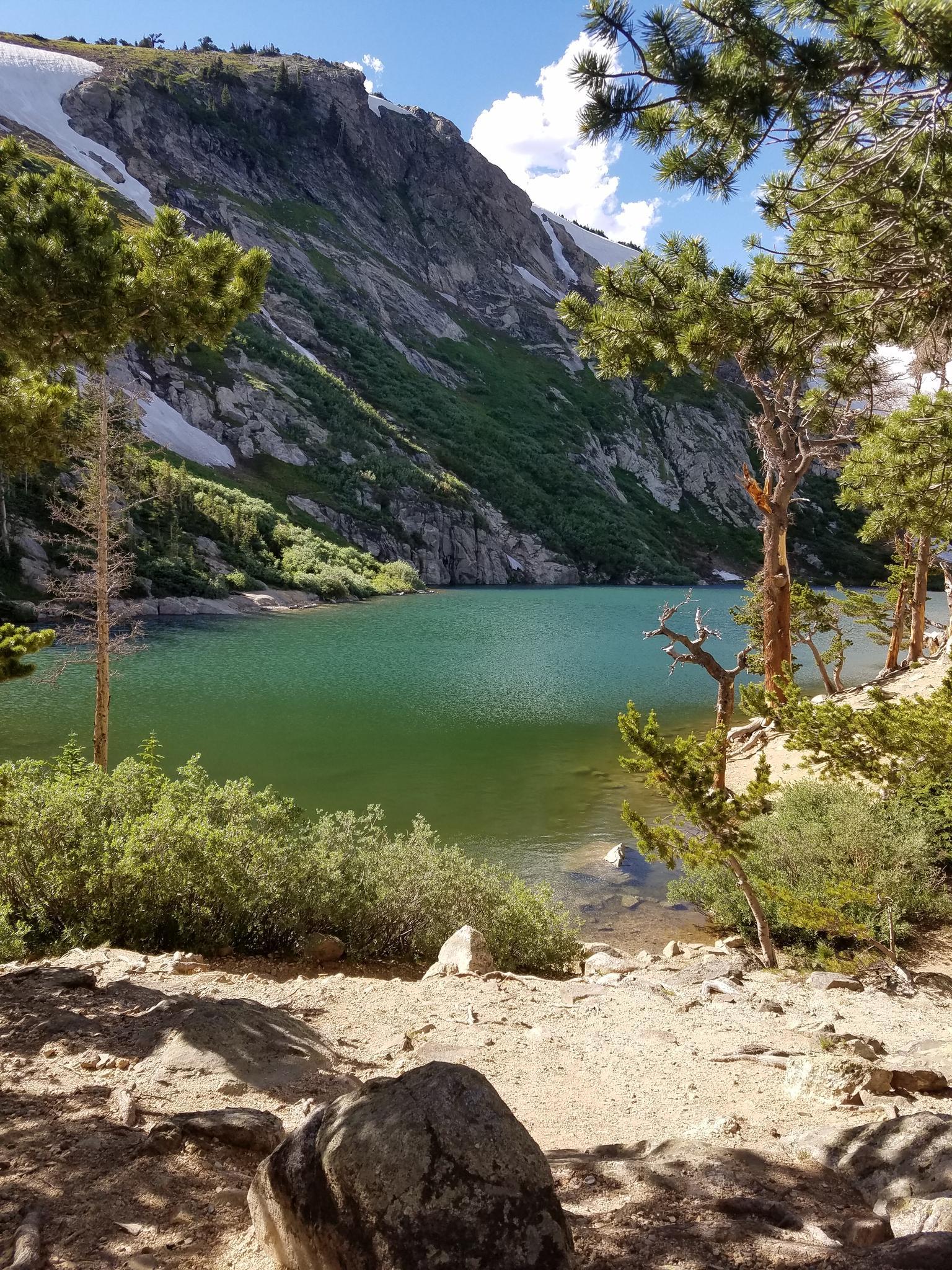 Green mountain lake, rocky shore, and pine trees under a bright sky.