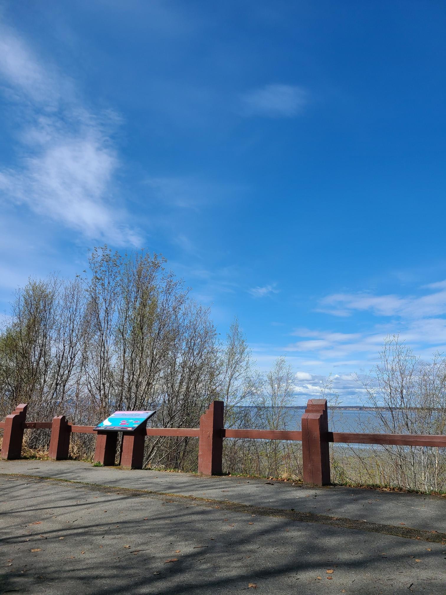 Wooden fence and sign overlooking water, with trees under a bright blue sky.