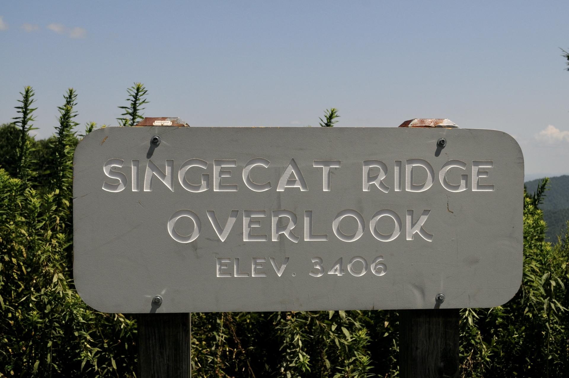 A gray rectangular sign with embossed text, against green foliage.